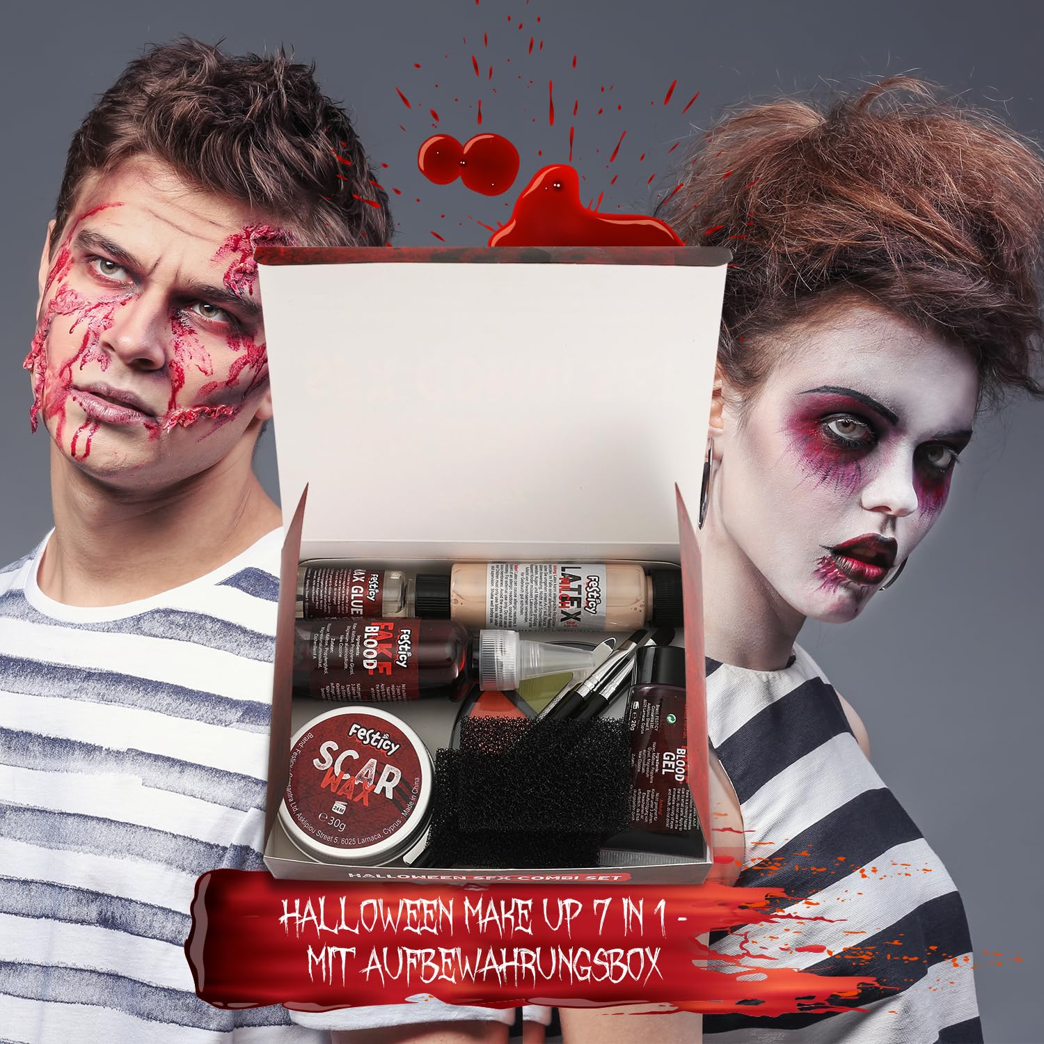Festicy Specjalny zestaw do makijażu na Halloween, SFX, kompletny zestaw ze sztuczną krwią, lateksem, woskiem do blizn i akcesoriami, sztuczna krew do skóry i ubrań, na Halloween, do przerażających