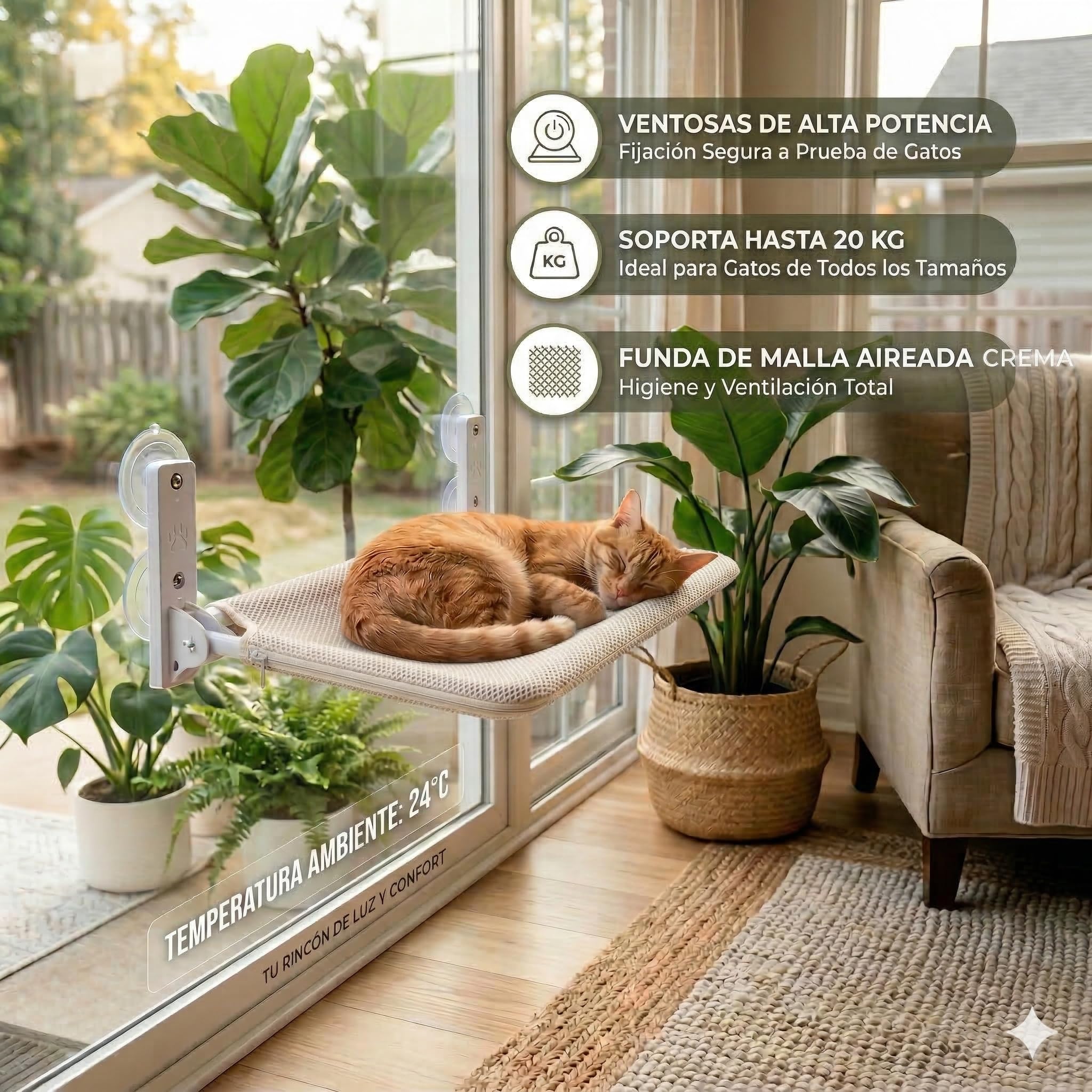 Hamaca Gato Ventana (52x30cm) Bestfriend® | Plegable, Lavable y Transpirable | Ventosas Reforzadas para Seguridad y Estabilidad hasta 18 kg (Caqui) - 3