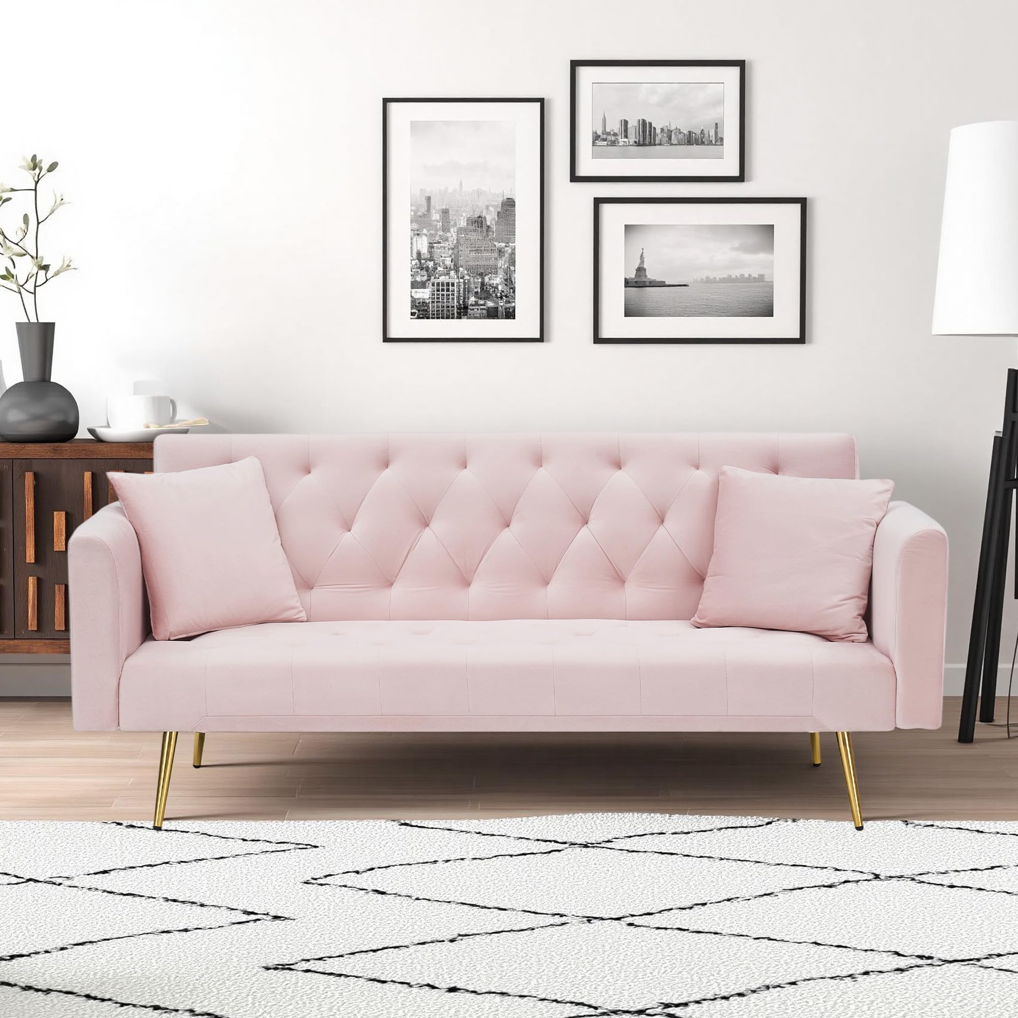 ERYE 71" Velvet Upholstered Tufted Futon Sofa Bed for Bedroom Studio, Modern Upholstered Futon Sleeper Convertible Sofabed W/Golden Leg & Piows for Home Apartment,Loveseat
