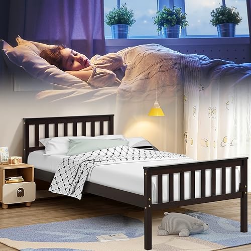 Miniatura 10 de NAFORT Base de cama de plataforma de madera individual con cabecero, base de madera maciza y soporte de listones de madera fuerte, base de colchón,