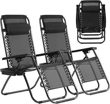 Zero Gravity Chair Set of 2, Folding Lounge Chair Adjustable Reclining Chair Camping Lawn Chair w/Pillow and Cup Holder Tray, Folding Chair Outdoor Chair - Comfortable & Breathable, Black