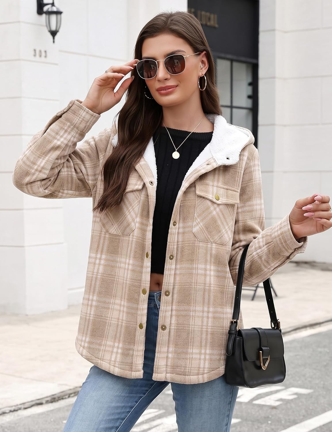 LOMON Women's Flannel Hooded Plaid Shacket Warm Coat Fleece Lined Jacket