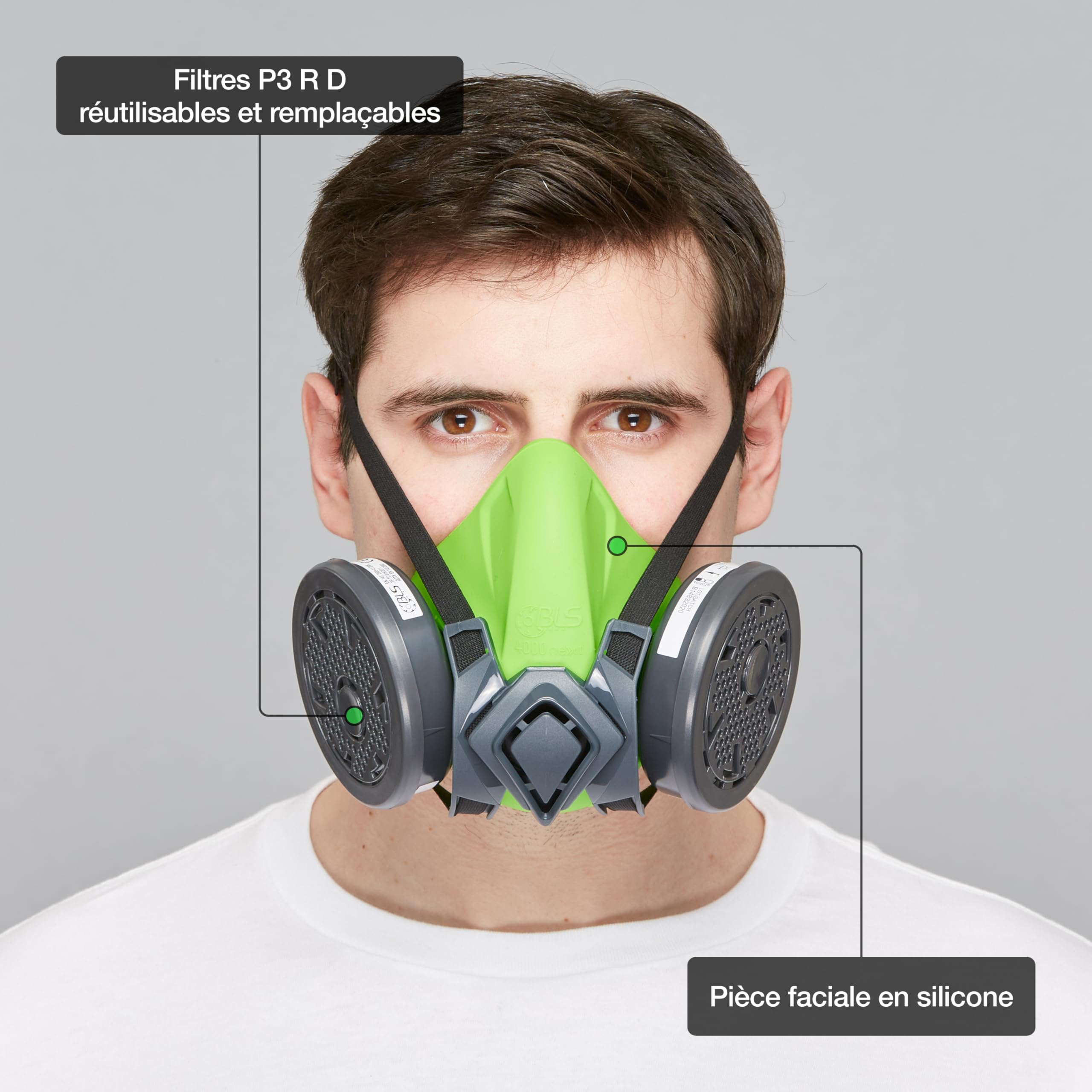BLS 4500next P3 R D Demi-masque de Protection en Silicone et 2 Filtres Remplaçables 202 P3 avec Raccord à Baïonnette b-lock. Pour Poussières, Menuiserie, Construction, Soudage et Bricolage