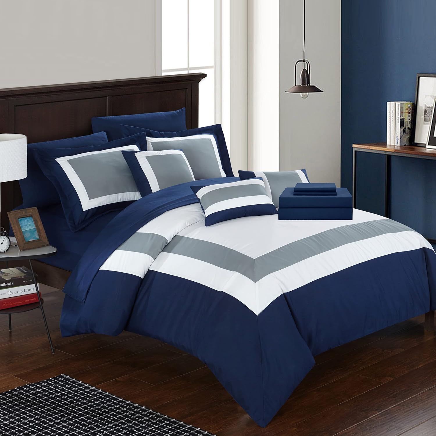 Chic Home Duke Queen Comforter Set 10-Piece, Colorblocked Queen Size Comforter Set with 2 Shams, 3 Pillows and Bedding Set Queen (Navy)