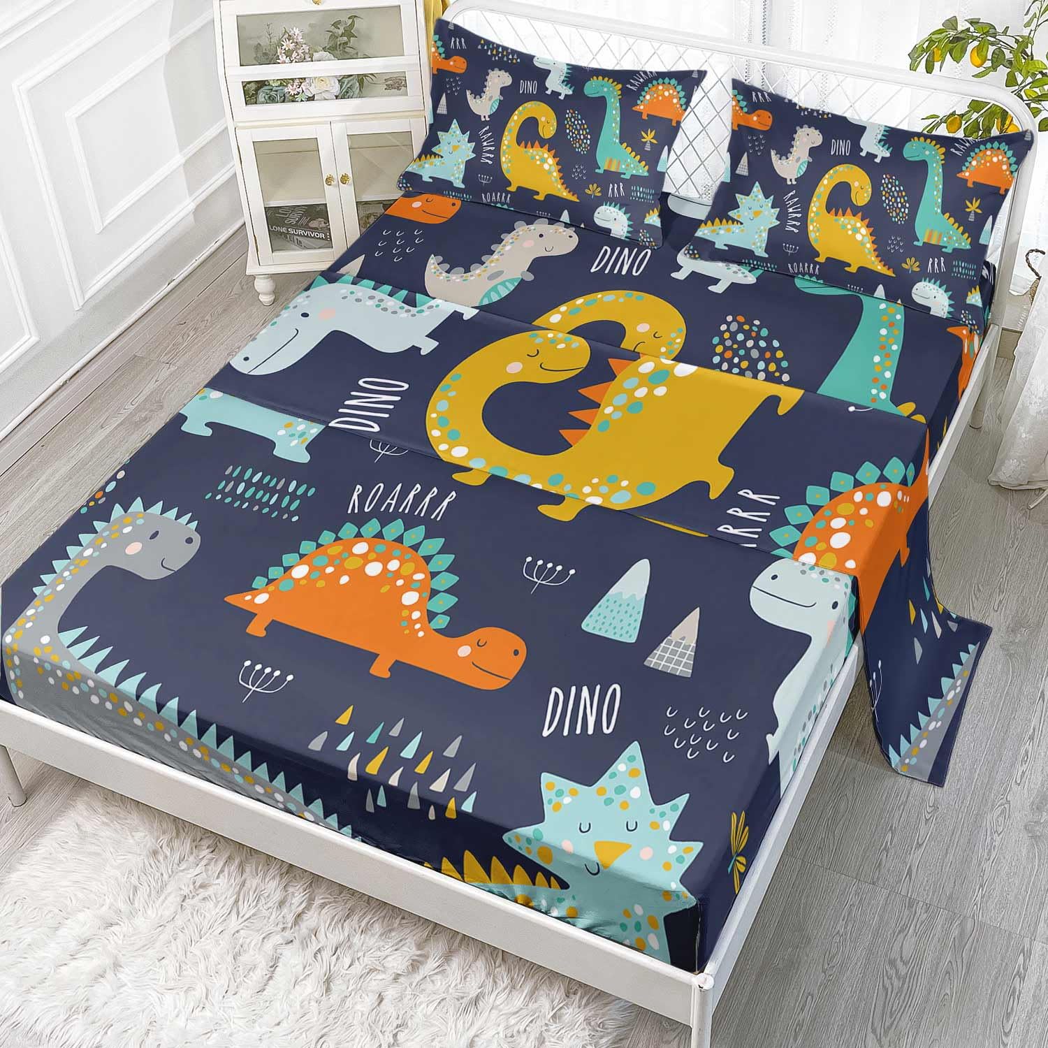Juego de sábanas de dinosaurio de 4 piezas para niños, juego de sábanas con estampado de animales de dibujos animados con 1 sábana encimera y 1 sábana bajera + 2 fundas de almohada
