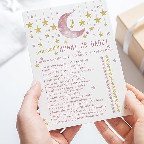 Miniatura 6 de Paper Clever Party Twinkle Little Star - Juego de baby shower para niñas, 25 tarjetas de juego de Adivina quién mamá o papá, divertidas actividades