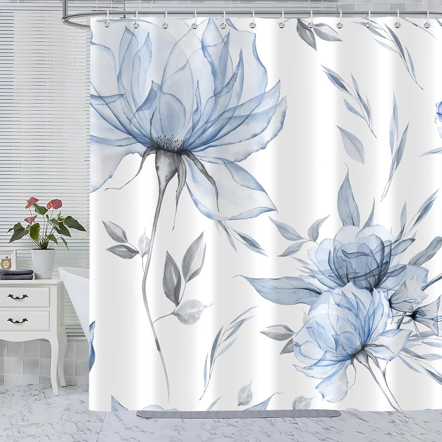 Blue Grey Watercolor Floral Shower Curtain, Flower Leaves Minimalist Aesthetic Art Shower Curtains for Bathroom Sets Decor, Waterproof Polyester Cloth Fabric with 12 Hooks,72x84 Inch