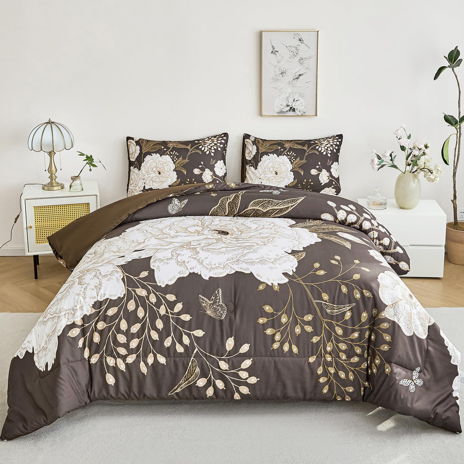 PERFEMET Brown Floral Comforter Set King Size, 3 Pieces Botanical