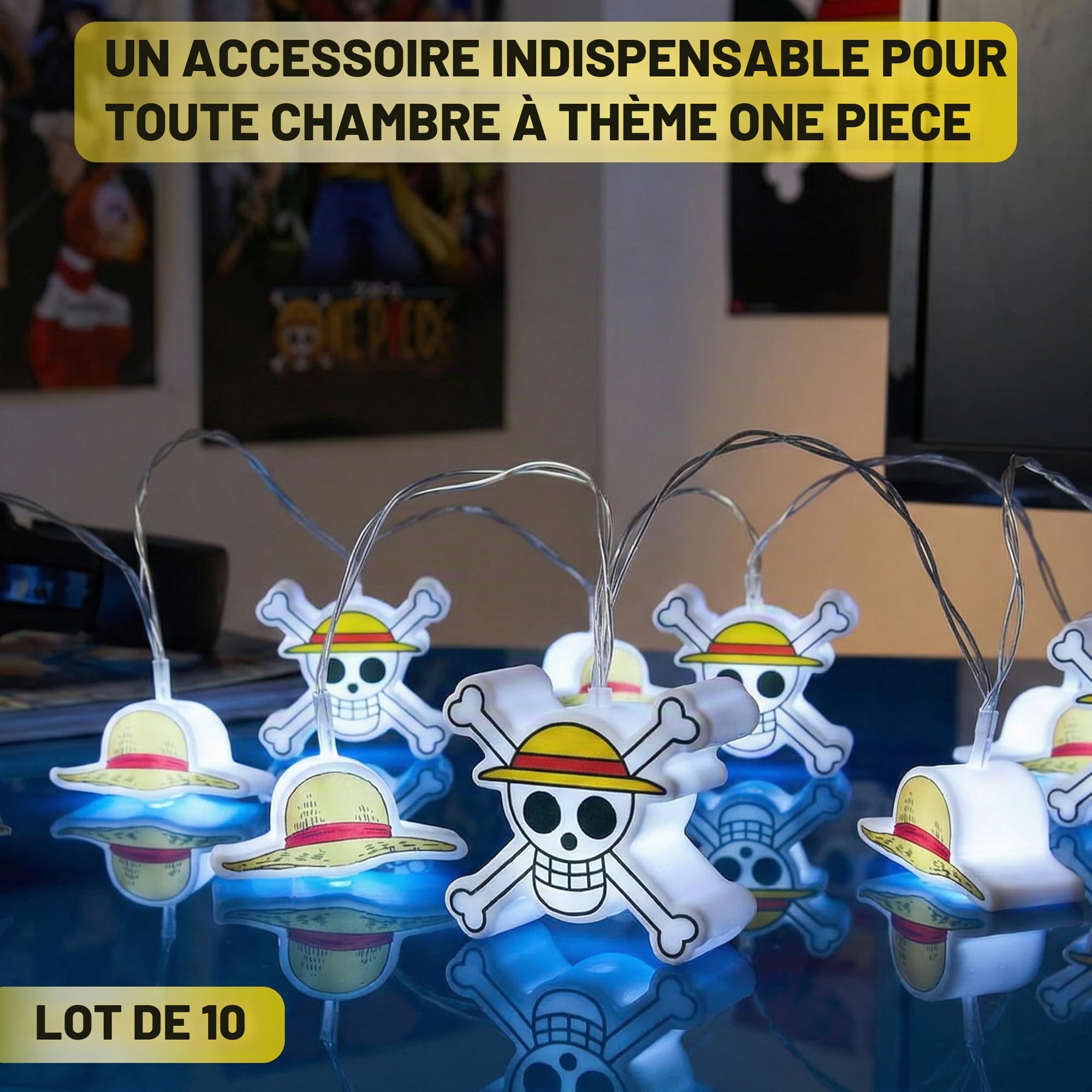 Get Trend One Piece Guirlande Lumineuse Intérieur 3D, Guirlande Led 10 en Fil de Cuivre Alimentée par Piles, 150 cm, Anime Merch Applique Murale pour Decoration Chambre, Idee Cadeau Manga