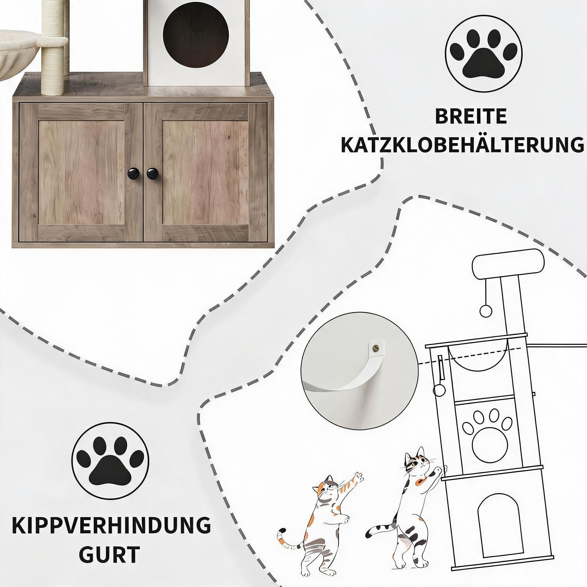 Kratzbaum mit Katzenklo Schrank, mehrstöckiger Katzenbaum aus Holz mit Sisalstämmen, Katzenkratzbaum mit Plüschbälle, kuschelige Hängematte, Versteckte Katzentoilette, Grau