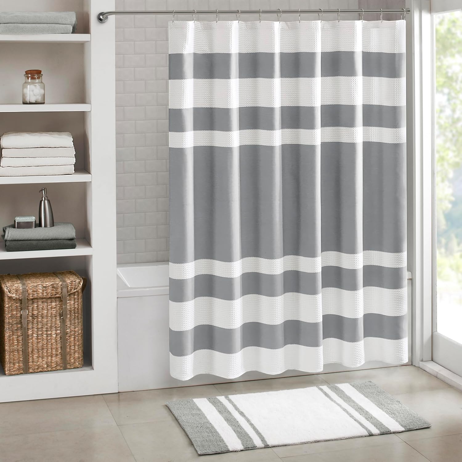 Madison Park Shower Curtain Waffle Weave Striped Pieced Design Fabric Shower Curtains for Bathroom with 3M Scotchgard Moisture Management Premium Spa Quality Modern Standard 72"x72" Grey