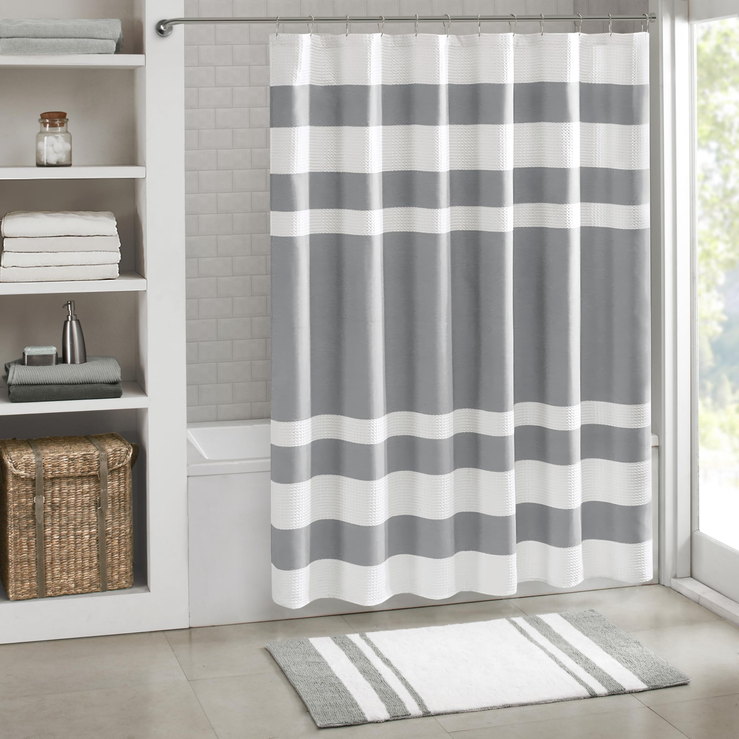 Madison Park Spa Waffle Shower Curtain Pieced Solid Microfiber Fabric with 3M Scotchgard Water Repellent Treatment Modern Home Bathroom Decorations, Standard 72X72, Grey