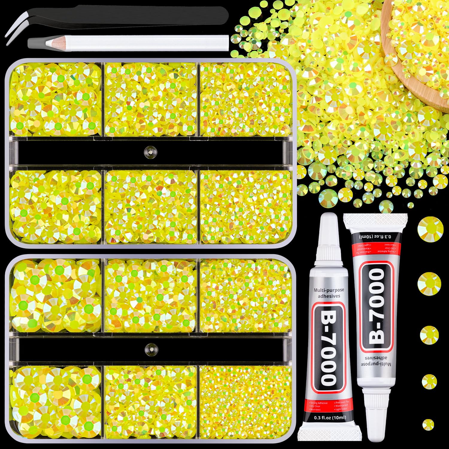 TINKRSTUFFResin Jelly Rhinestones for Crafting with B7000 Jewelry Glue, 2 Boxes Lemon Yellow AB Flatback Crystals with 2Pcs 10ml Glue, Bedazzling Non Hotfix Gems for DIY Tumblers Clothing Shoes Manicure