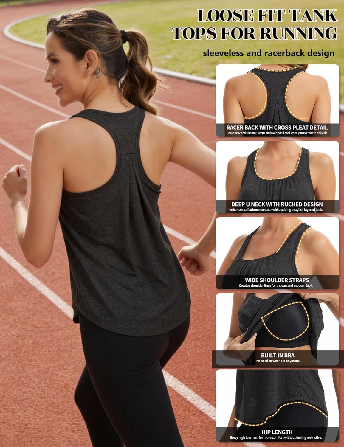 SLIMBELLE Built in Bra Workout Tank for Women Running Yoga Gym Tennis Sport Cami Shirt Racer Back Crewneck Loose Fit Top