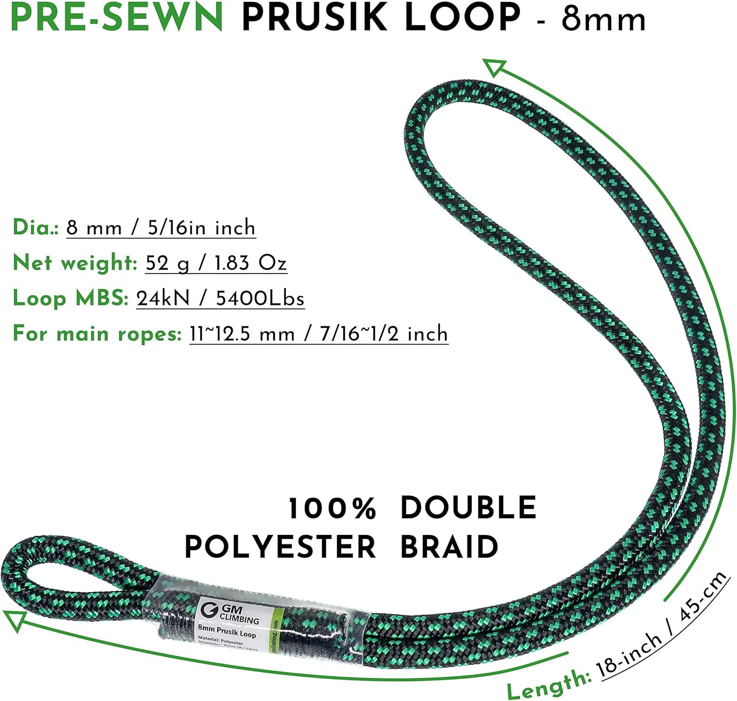 GM CLIMBING 2-Pack 8mm 18-inch Prusik Loop Bundle 6.8mm 15-inch Endless Prusik Loop 100% Technora : Sports & Outdoors