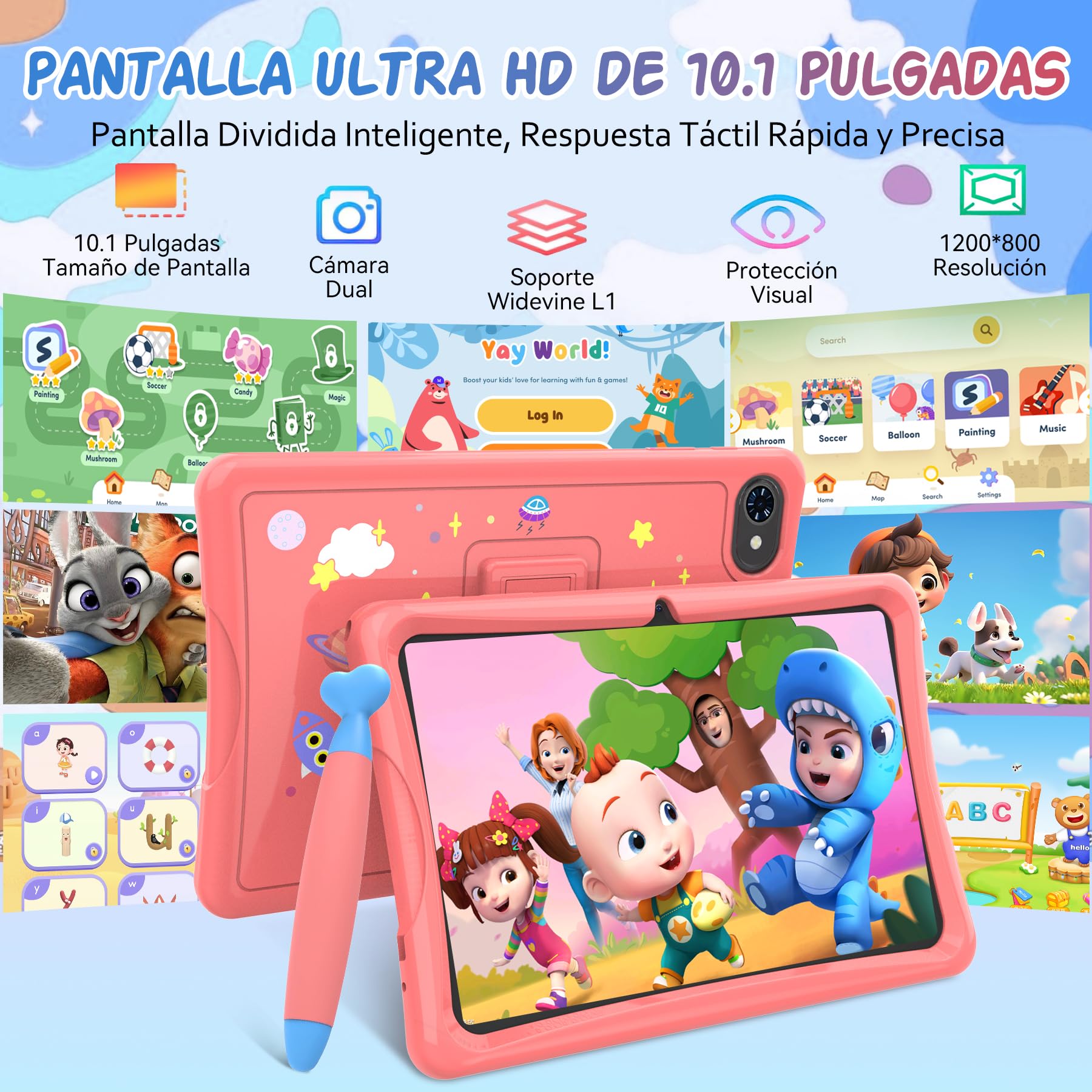 TABWEE K10 Tablet para Niños 10 Pulgadas, 12 GB RAM+64 GB ROM (TF 2 TB) | Tableta Infantil con Google Kids Space, Tableta Educativa para Niños con Wi-Fi, Control Parental, Funda Rosa