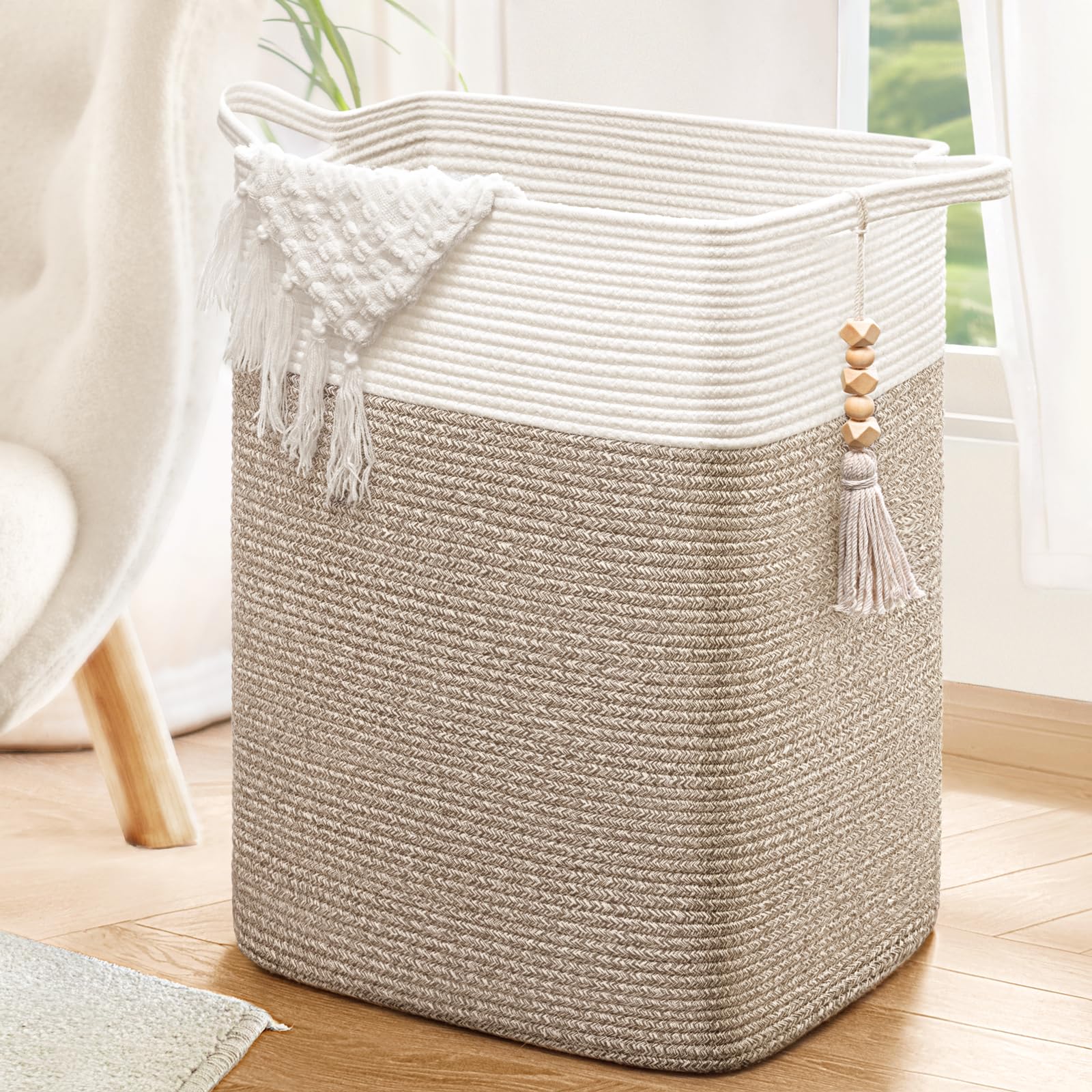 Goodpick Laundry Hamper, Tall Woven Storage Blanket Basket with for Living room, Laundry Basket for Clothes, Toys,Towels, Pillows, 16x13x22in, JuteGlobal Recycled StandardGlobal Recycled StandardGlobal Recycled Standard