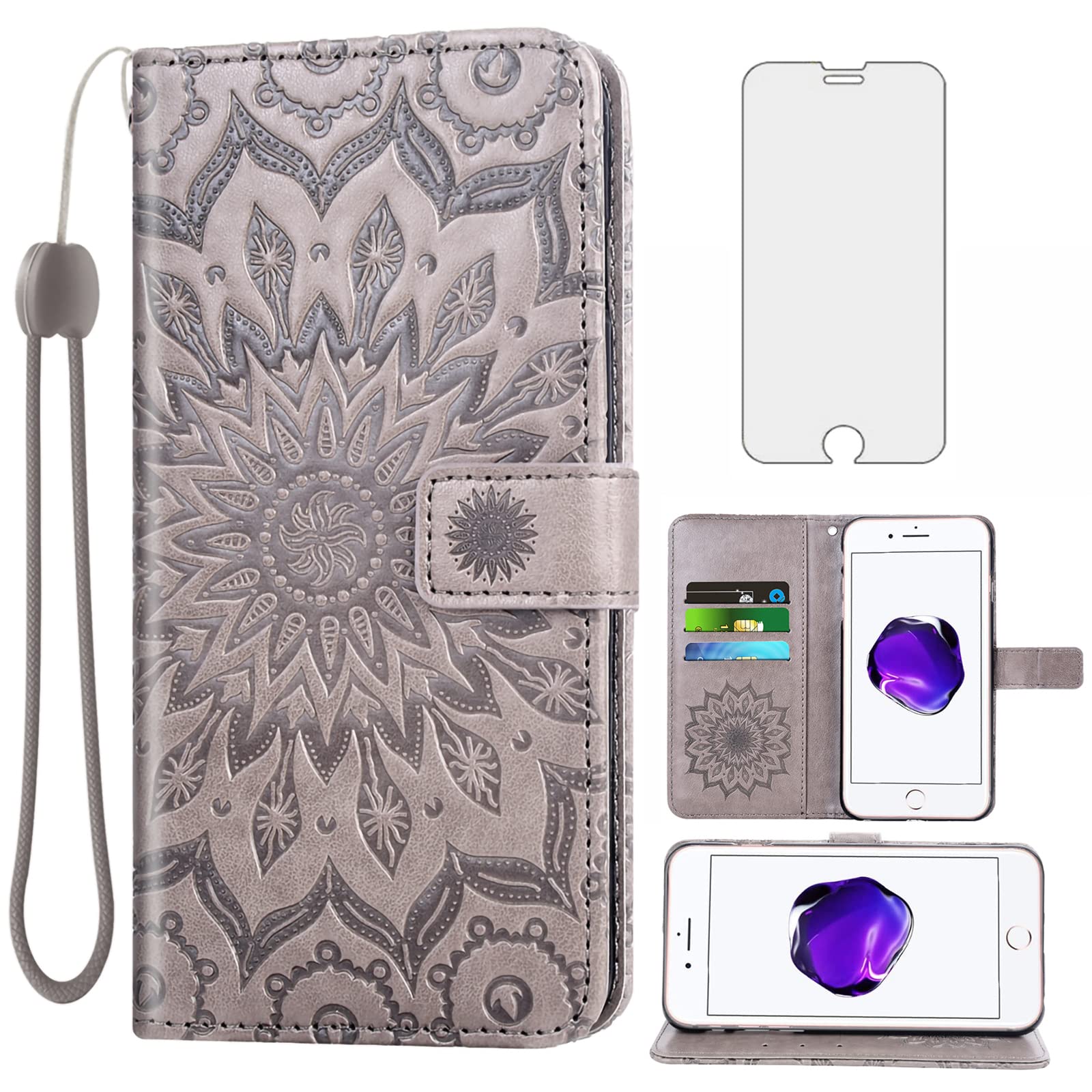 Phone Case for iPhone 7plus 8plus 7/8 Plus Wallet Cases with Tempered Glass Screen Protector Leather Flip Cover Card Holder Stand Cell Accessories i Phone7s 7s + 7+ 8s 8+ Phones8 Women Men Gray