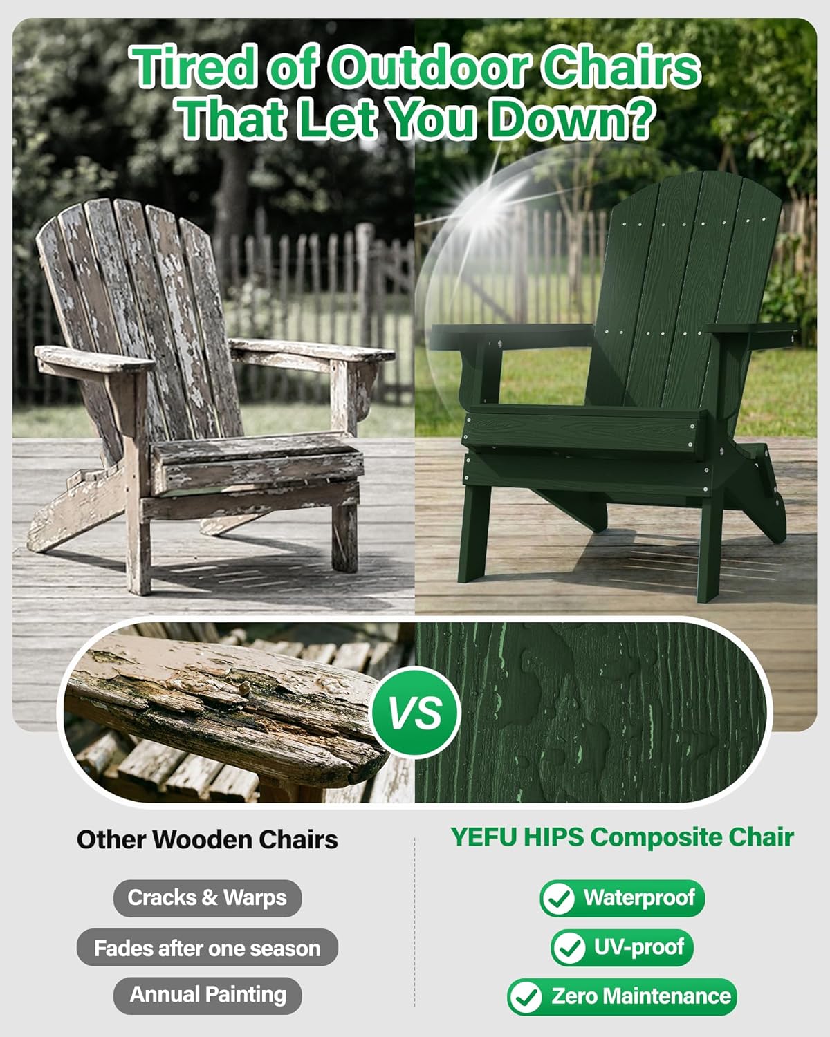 YEFU Adirondack Chair, Oversized Plastic Adirondack Chair Folding Outdoor Chairs with Cup Holder, Lawn Chair with Weather Resistant for Outside Deck Lawn Garden, Weight Capacity Up to 400 Lbs –Green