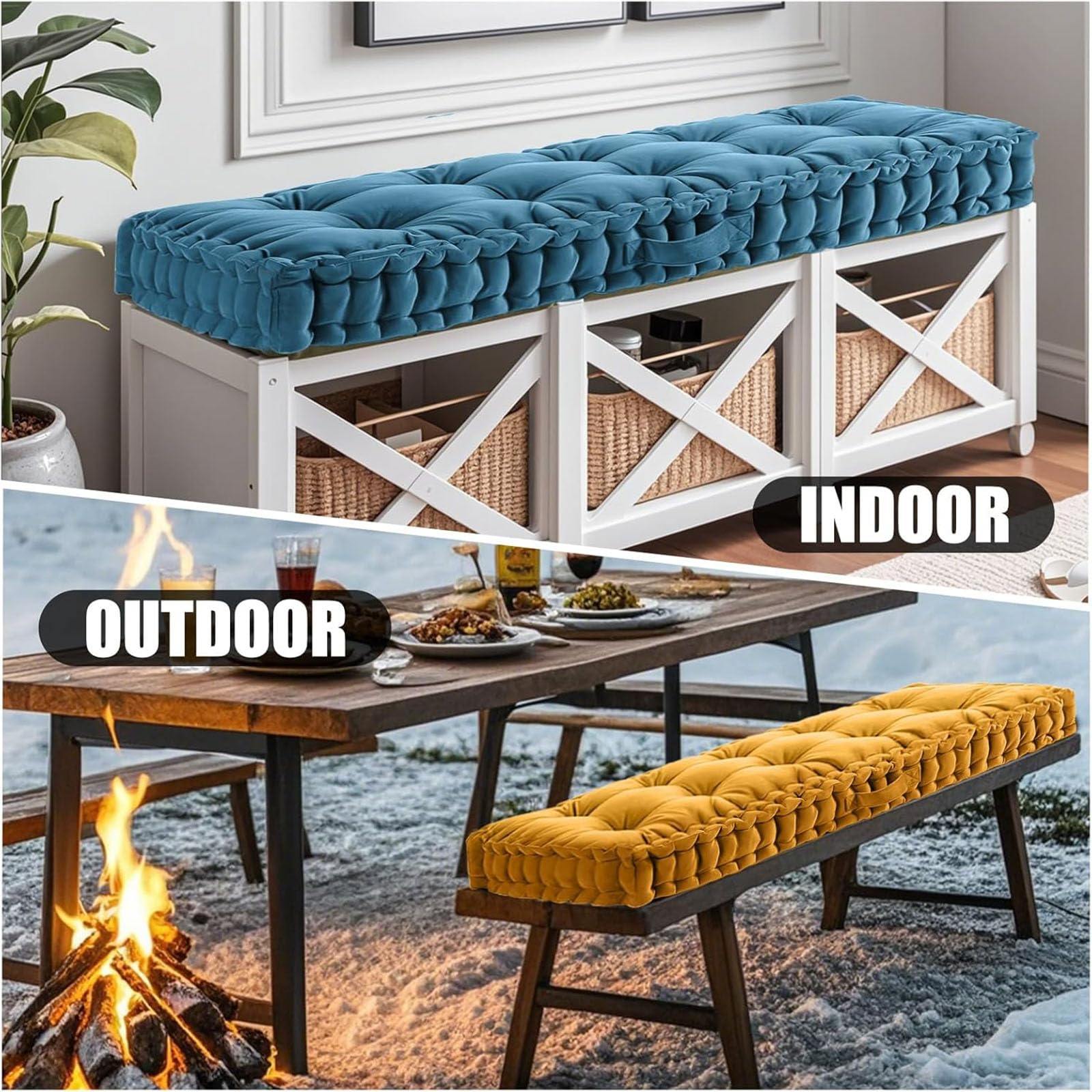 Coussins de banc texturés en mousse à mémoire de forme doux et durable avec poignée - Idéal pour intérieur et extérieur (blanc, 170 x 70 x 10 cm)