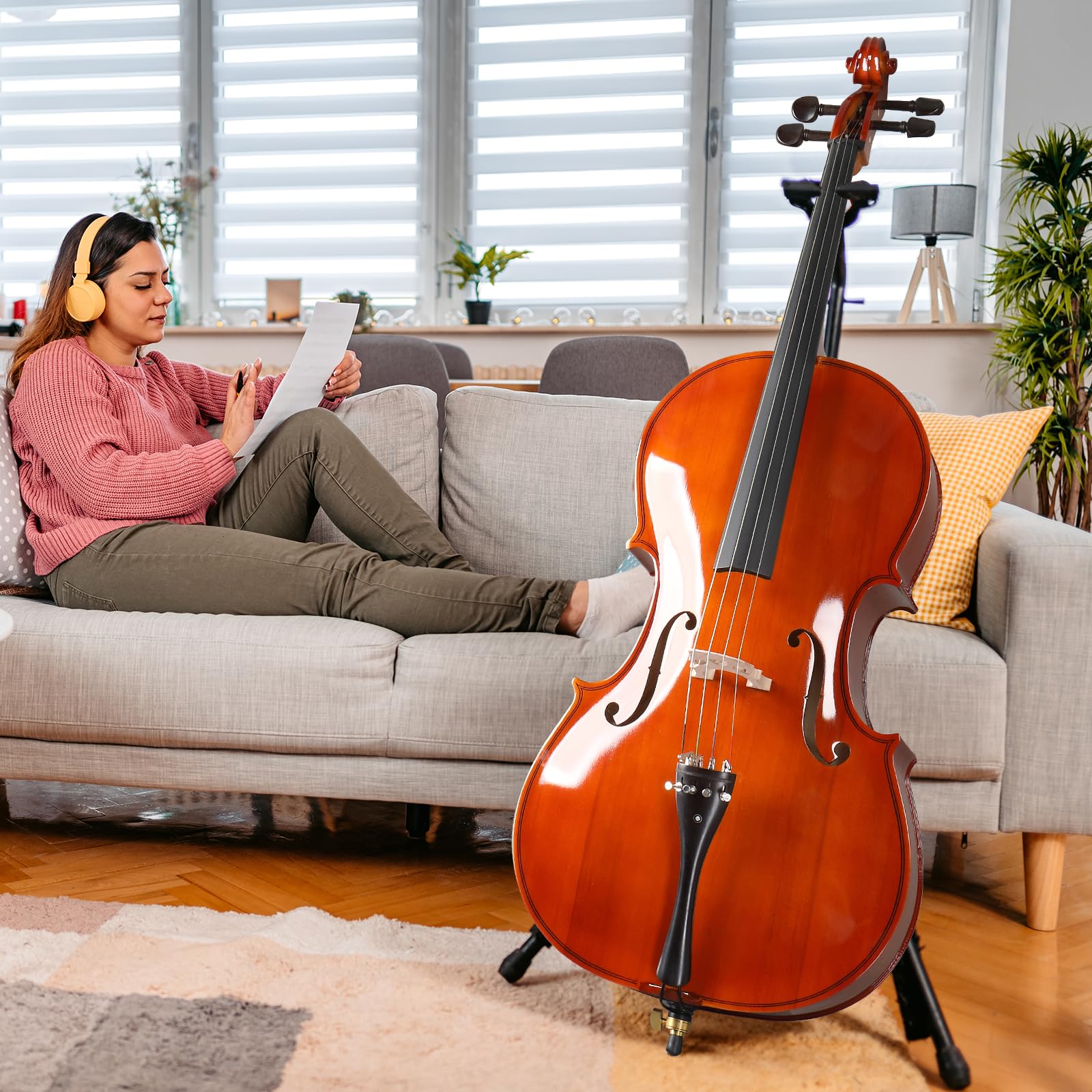 Bonnlo 4/4 Cello Vollgröße aus Fichtenholz mit Tiger-Muster, Fichtendecke, Ahornboden & -zargen, inklusive Tasche, Bogen, Kolophonium, Steg und Saiten – für Anfänger und Musikliebhaber, Naturfarbe