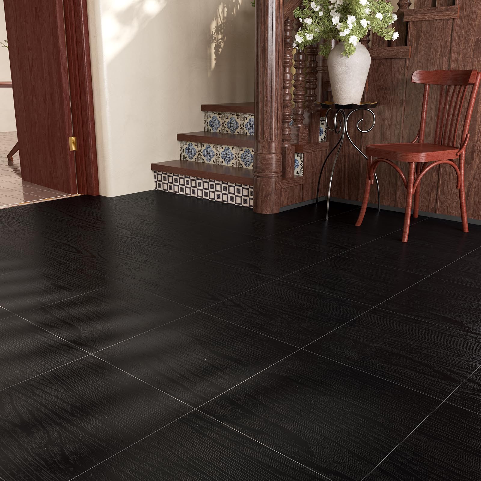 VaryPaper Pavimento in PVC Effetto Legno Nero 30cmx30cm 20 Pezzi Parquet Laminato Pavimento PVC Adesivo Soggiorno Camera Letto Piastrelle Adesive Bagno Impermeabile Adesivi per Piastrelle Cucina
