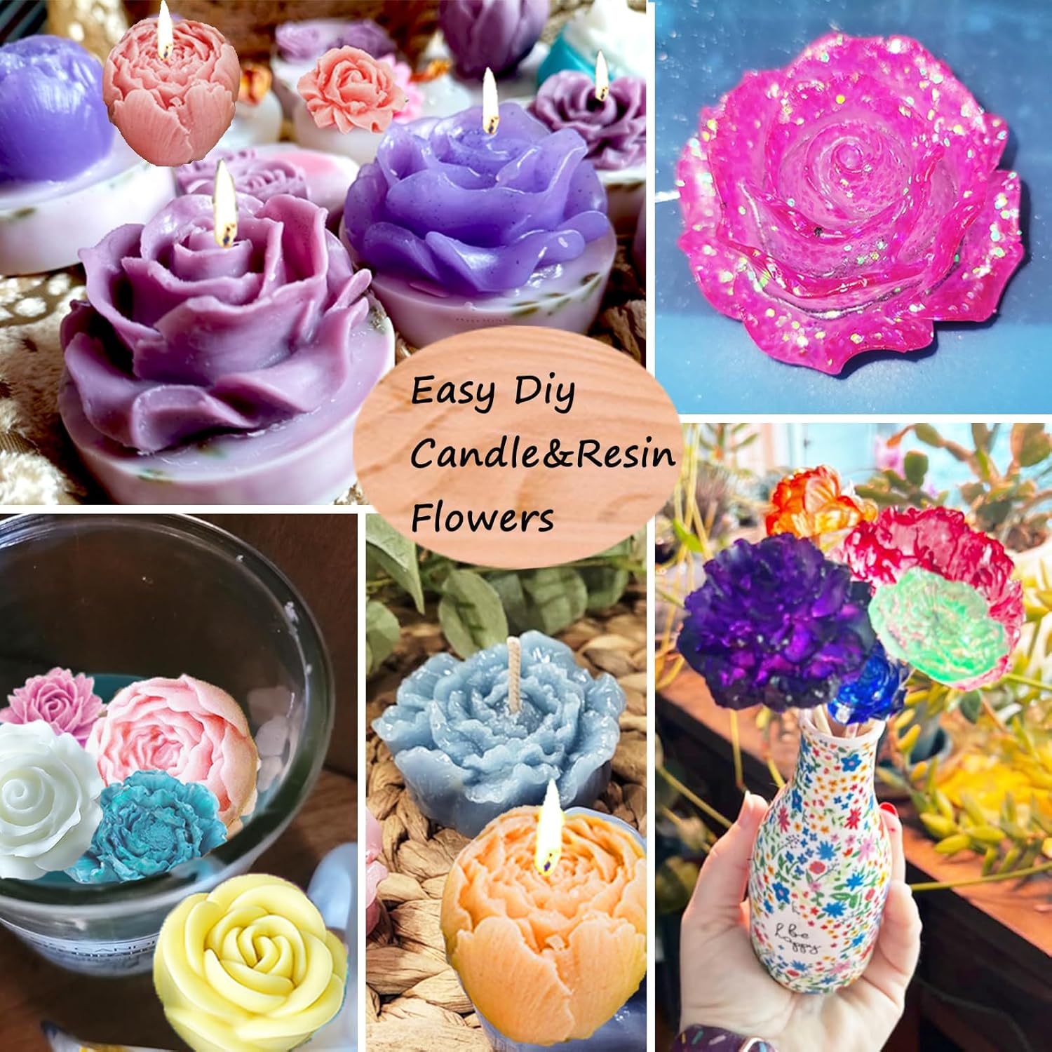 13 PCS Flower Silicone Candle Mold Flower Molds Candle Making Molds with Large-Eye Wicking Needle,Candlewick for Soy Wax, Beeswax, Candle Making Resin Cake Mold Clay Making Molds