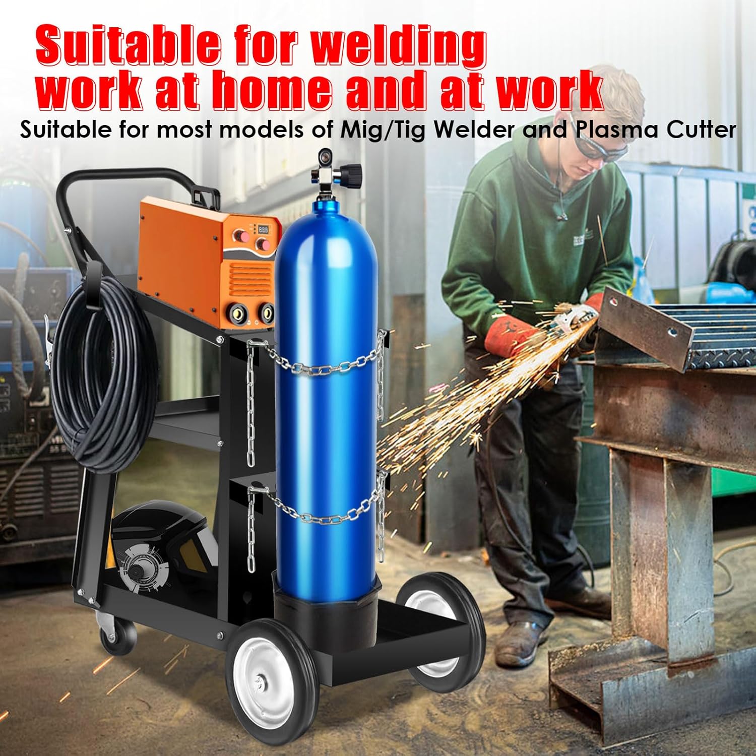 AQNIEGEP Welding Cart, Heavy Duty Welding Cart for Tig Mig Welder and Plasma Cutter, Welder Cart with Upgrade Handles and Increase Storage Space Tank Storage 400 lbs 3 Tiers