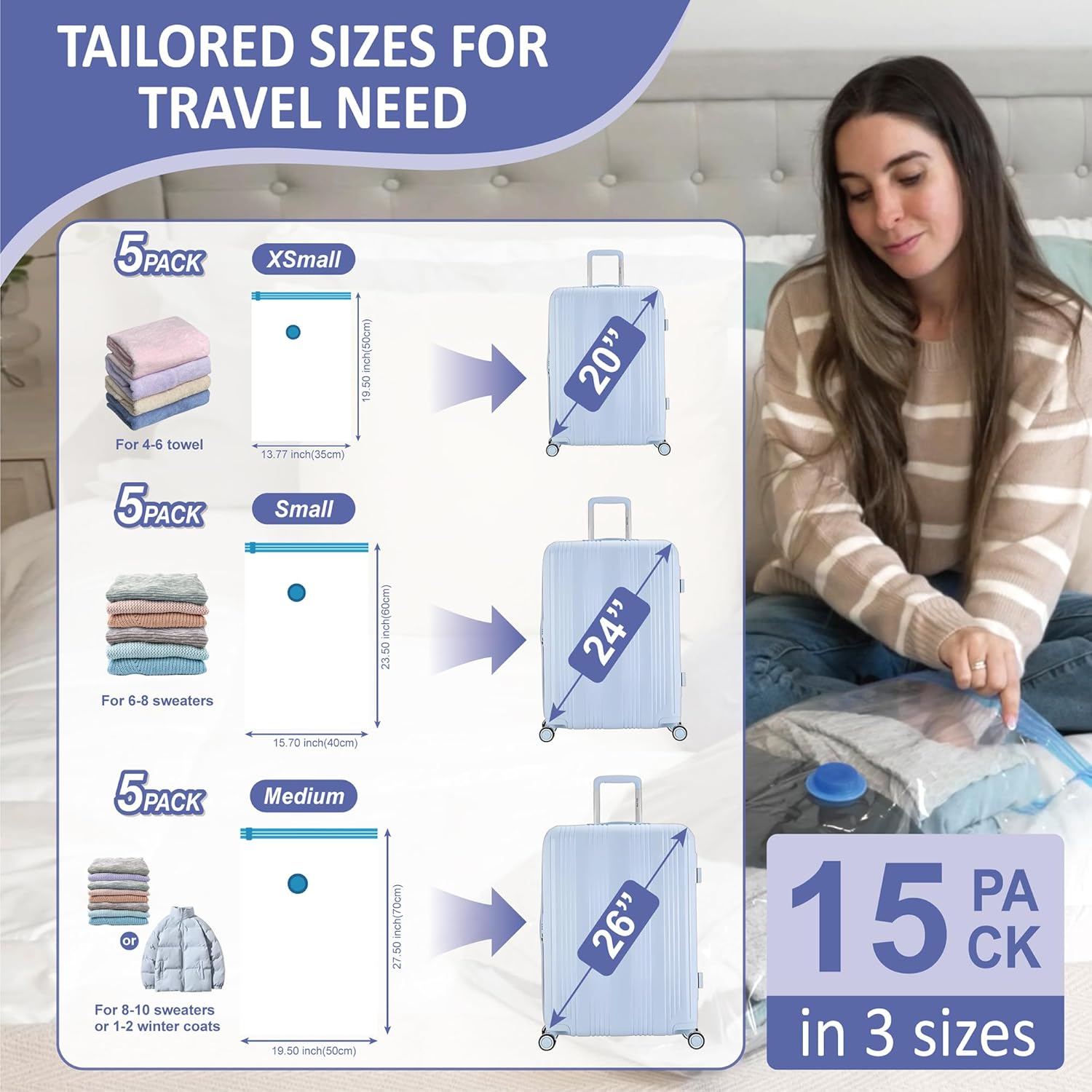 Cozy Essential 15 Pack Travel Vacuum Storage Bags with Rechargeable Wireless Electric Pump for Luggage, Suitcase, Carry-on Size Vacuum Seal Compression Space Saver Bags for Clothes and Clothing Travel - Image 4