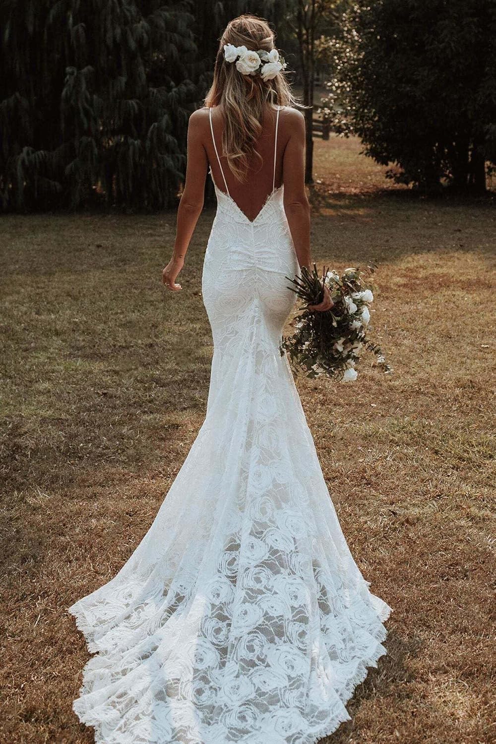 Beach Mermaid Wedding Dresses for Bride 2026 Lace Appliques V Neck Long Boho Bride Dress with Train