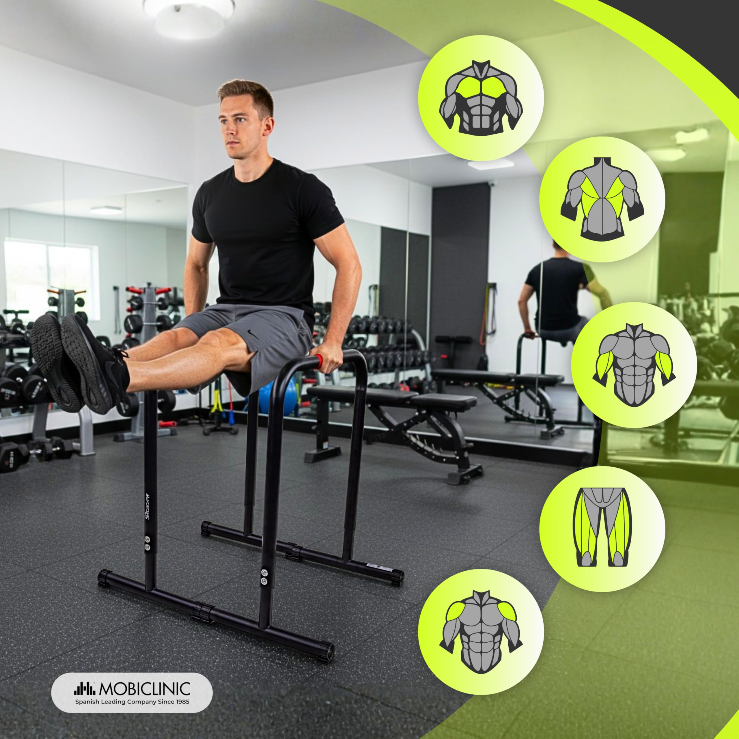Mobiclinic®, Parallele Calisthenics, Regolabili, 2 Altezze 79-89 cm, Impugnature Antiscivolo, Piedini in Gomma, Acciaio Rinforzato, Dip, Flessioni, Plank, Funzionali, Twins