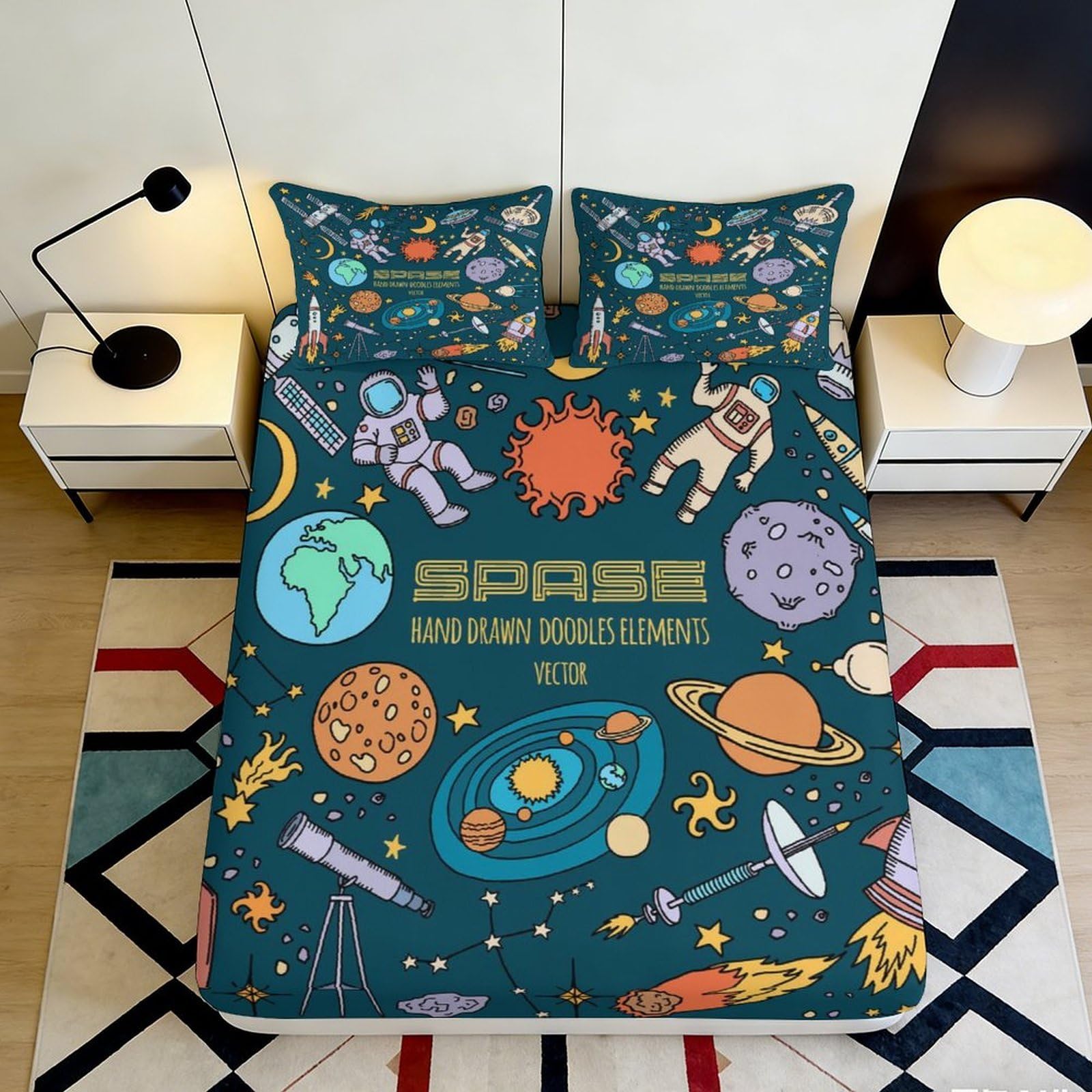 3D Printed Space Astronaut Fitted Sheet Microfiber Soft Breathable Planet Universe Mattress Cover for Bedroom Guest Room 90x200x25cm
