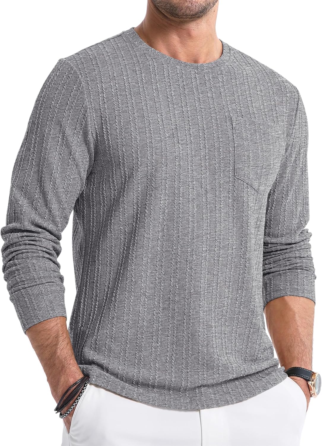 JMIERR Men’s Long Sleeve Shirts Casual Crewneck Pullover T-Shirt Stretch Textured Knit Tee with Pocket JMIERR Men’s Long Sleeve Shirts Casual Crewneck Pullover T-Shirt Stretch Textured Knit Tee with Pocket