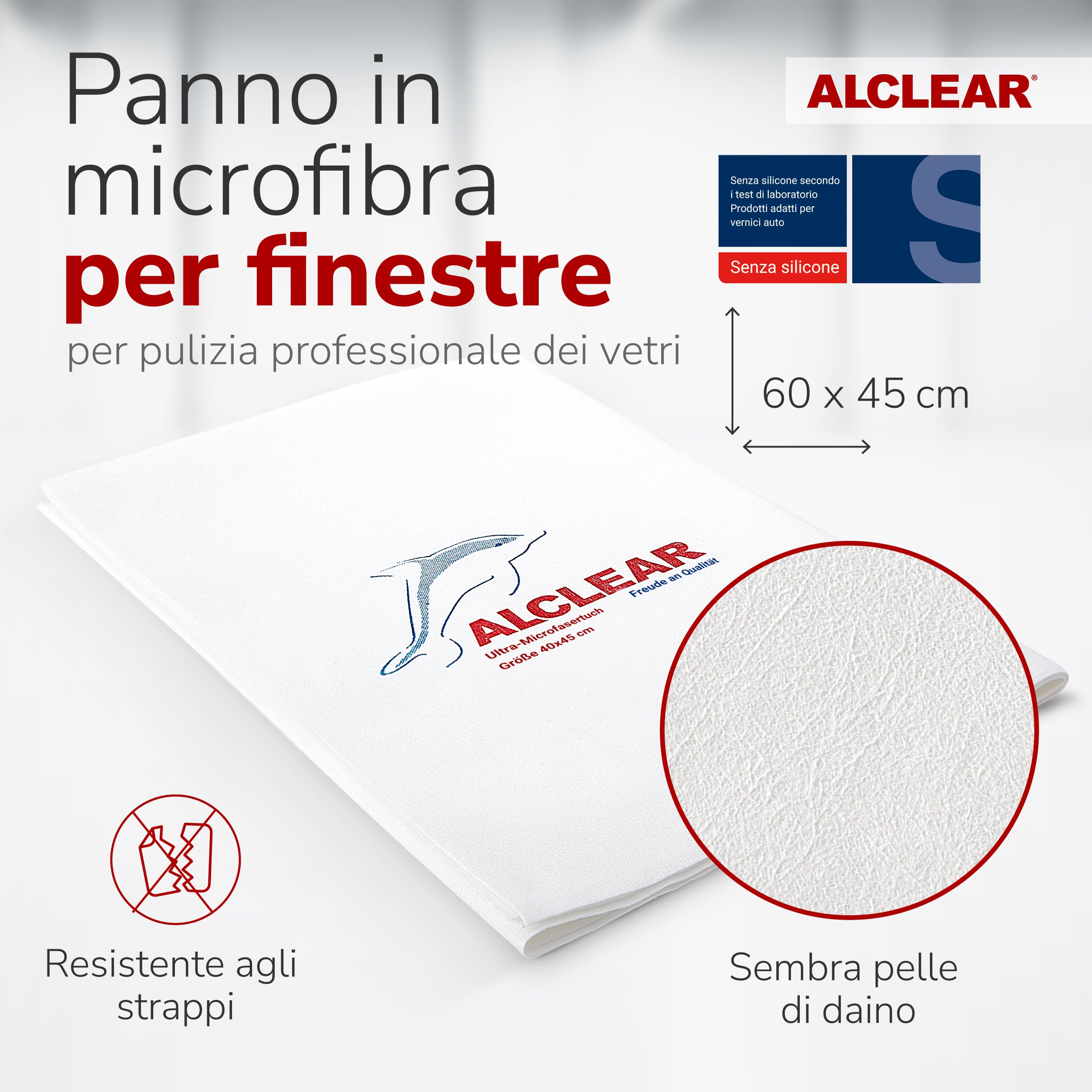 ALCLEAR 950002_5 set panni in microfibra per vetri, 5 pezzi 60×45 cm | Panni per vetri senza aloni e senza pelucchi, Designed in Germany, per casa e auto
