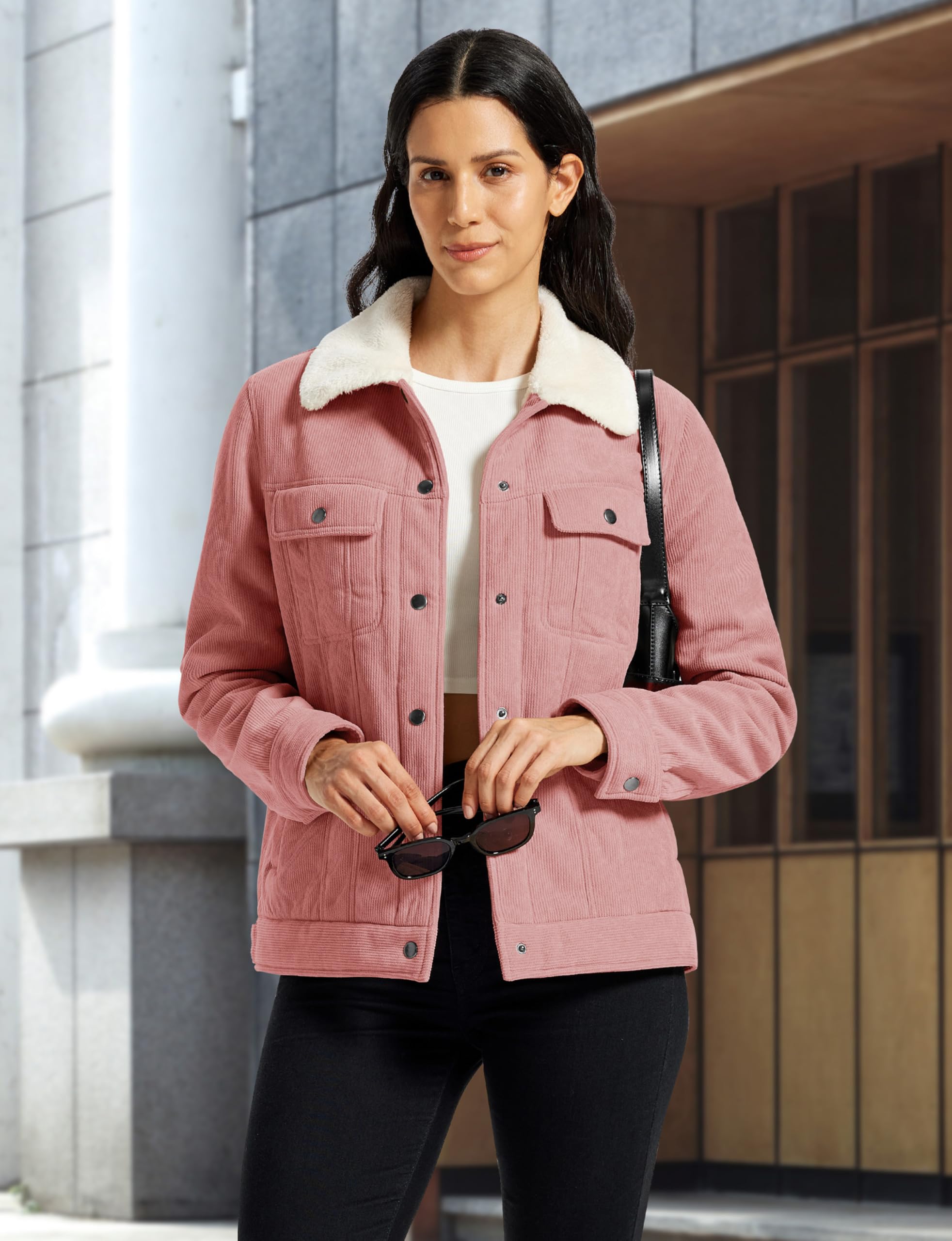 MoFiz Chaquetas de Forro Polar Mujer Invierno Chaqueta de Pana con Botones Cálido Abrigo de Informal de Moda y 4 Bolsillos