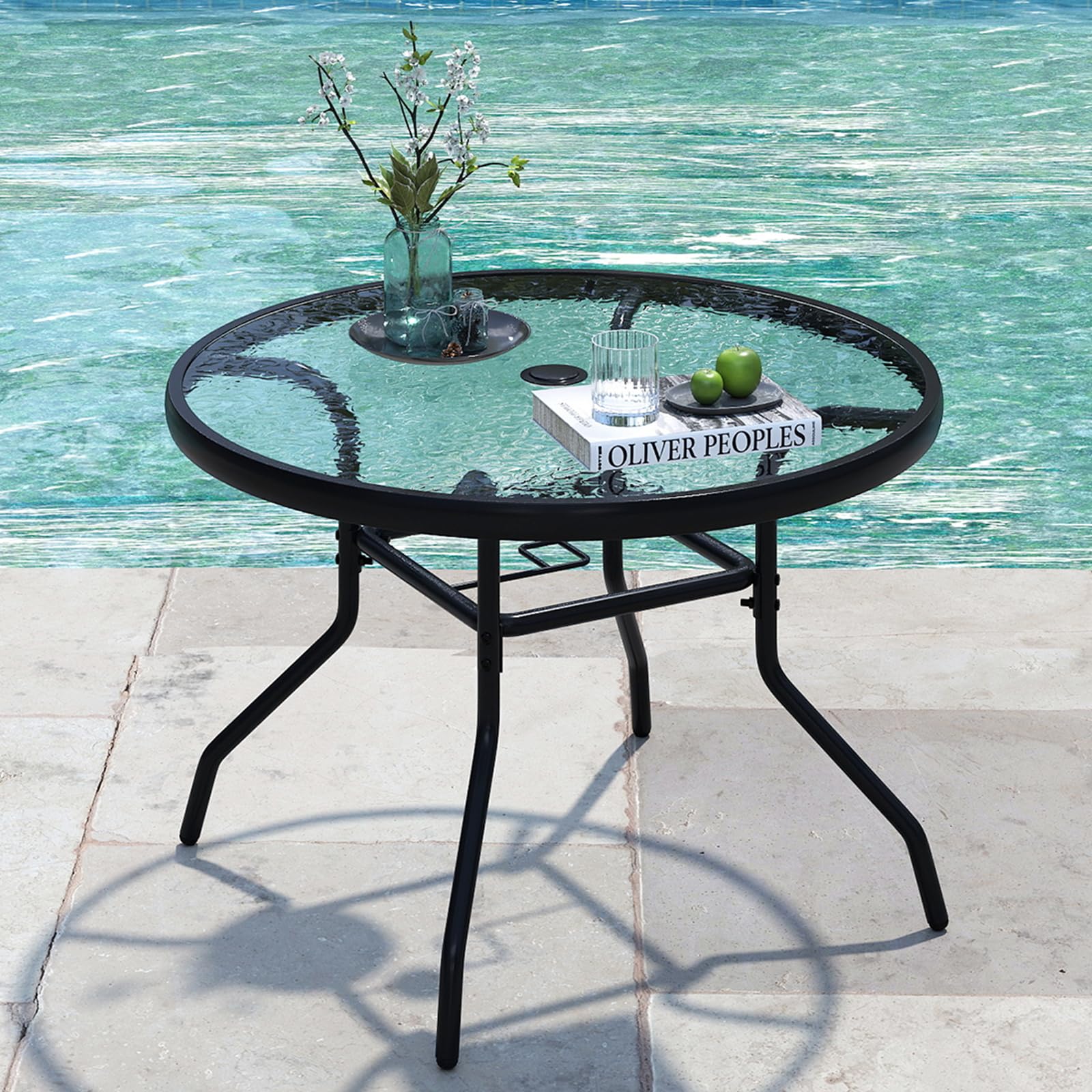 COSTWAY Tavolino Esterno in Metallo e Vetro, Tavolino da Bistro con Foro per Ombrellone 4,2 cm, Tavolo per Giardino Balcone Cortile, Portata 50 kg (70 x 45,5 cm)