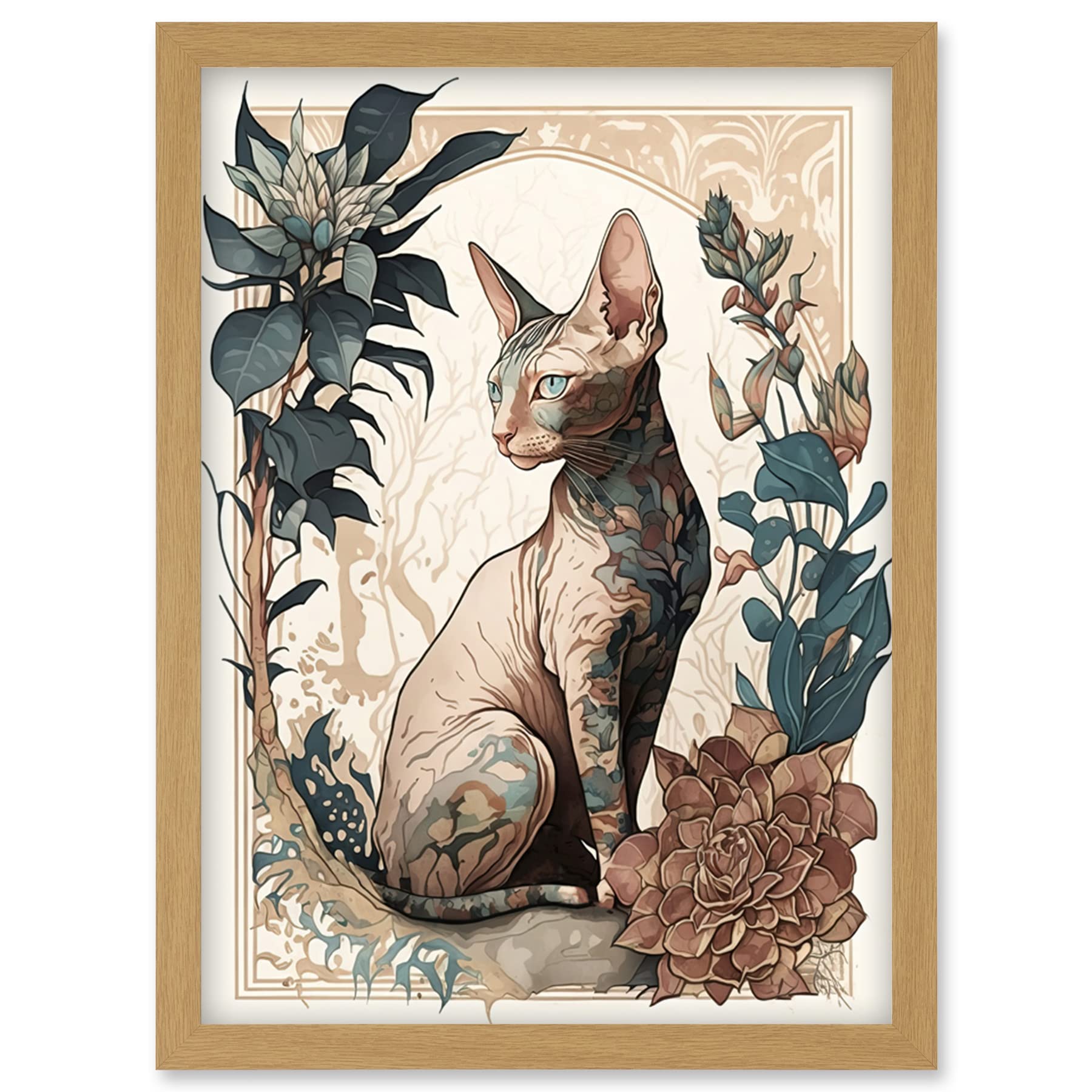 Artery8 Sphynx Cat with Flower Blooms Modern Art Nouveau Portrait Illustration Artwork Framed Wall Art Print A4