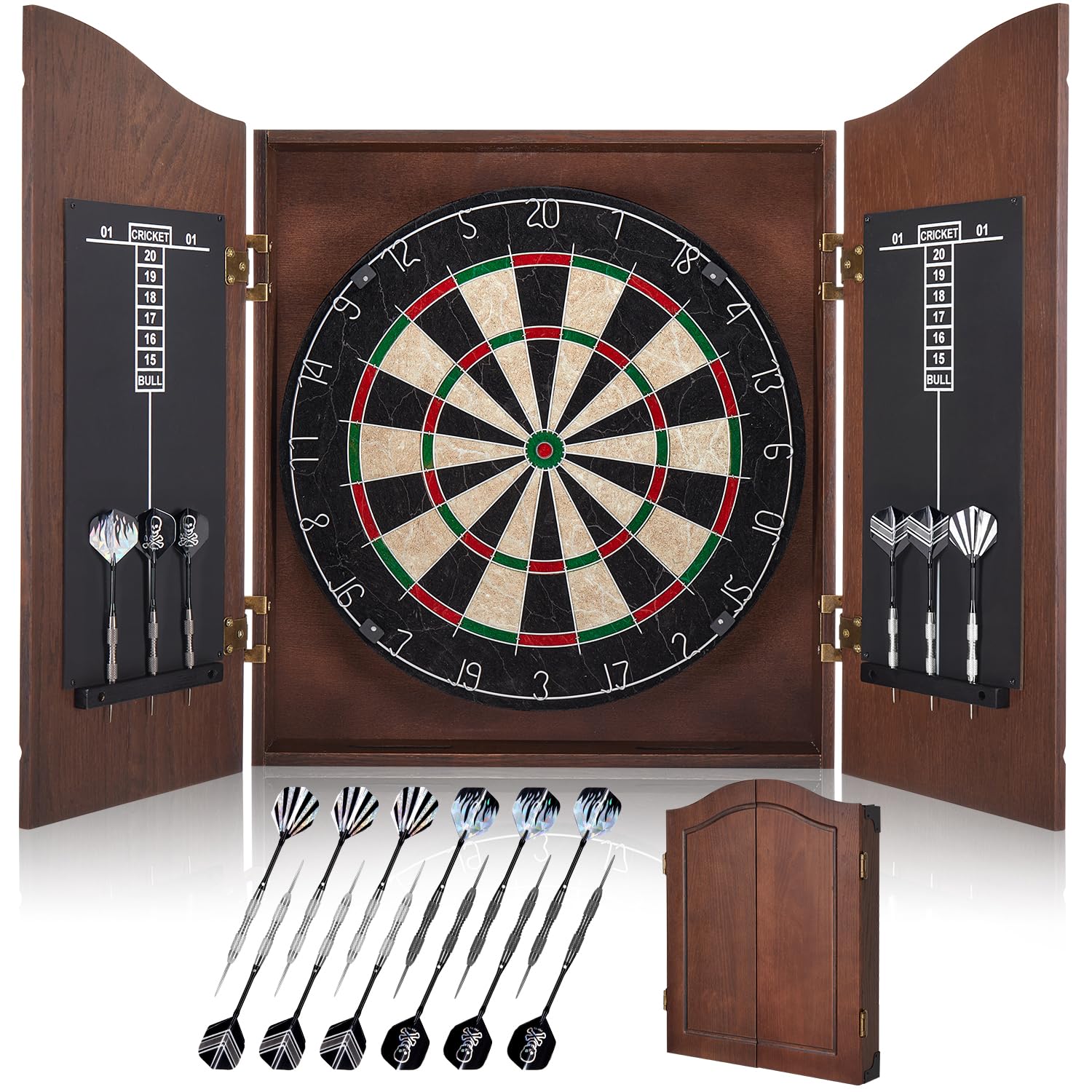 sisal dart board cabinet sets, decorative dart boards for adults [12*steel darts] - wooden dartboard cabinet with integrated scoreboard for family game rooms (coffee)