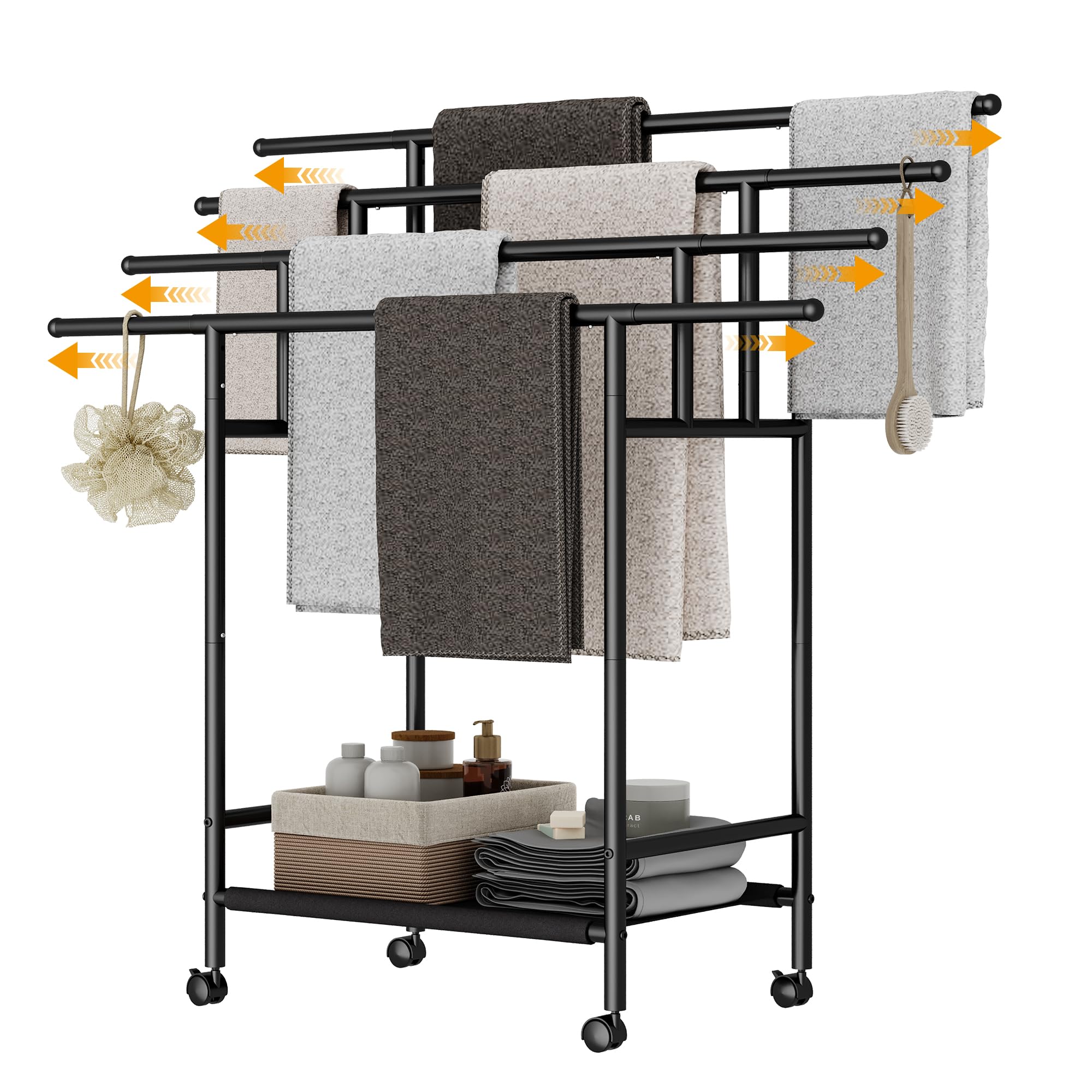 Photo 1 of Homeiju Expandable Free Standing Towel Rack for Bathroom, 4 Tier Blanket Rack, Adjustable Blanket Holder for Bathroom, Towel Drying Rack Stand for Outdoor, Poolside, Black
