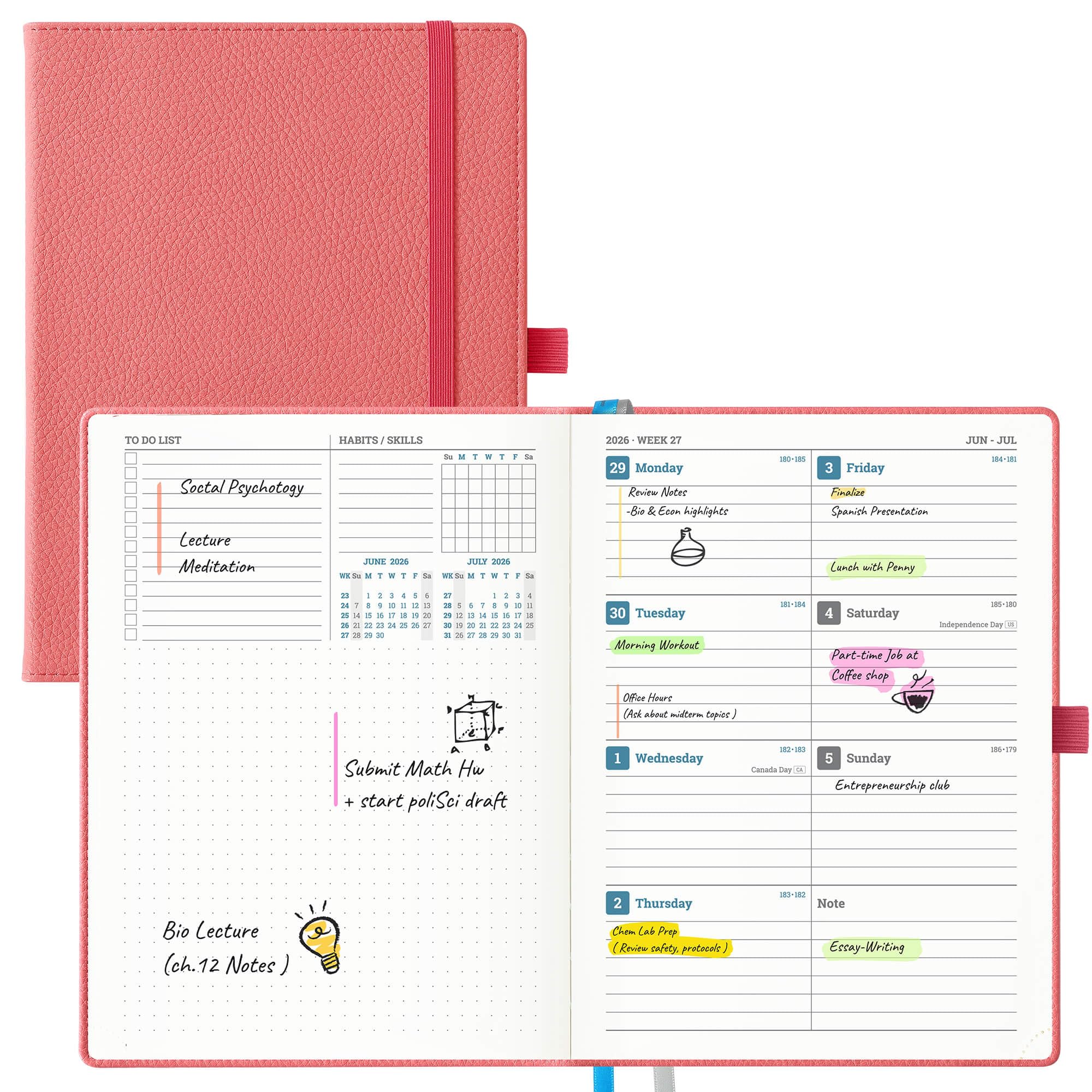 IN-LUXPRO Academic Diary 2026-2027: A5 Week to View (21.8x16.4 cm) 12 Months (Jul'26-Jun'27) Soft Cover New Layout, Weekly & Monthly Planner with Month Tabs & Inner Pocket, PU Leather Rose Red