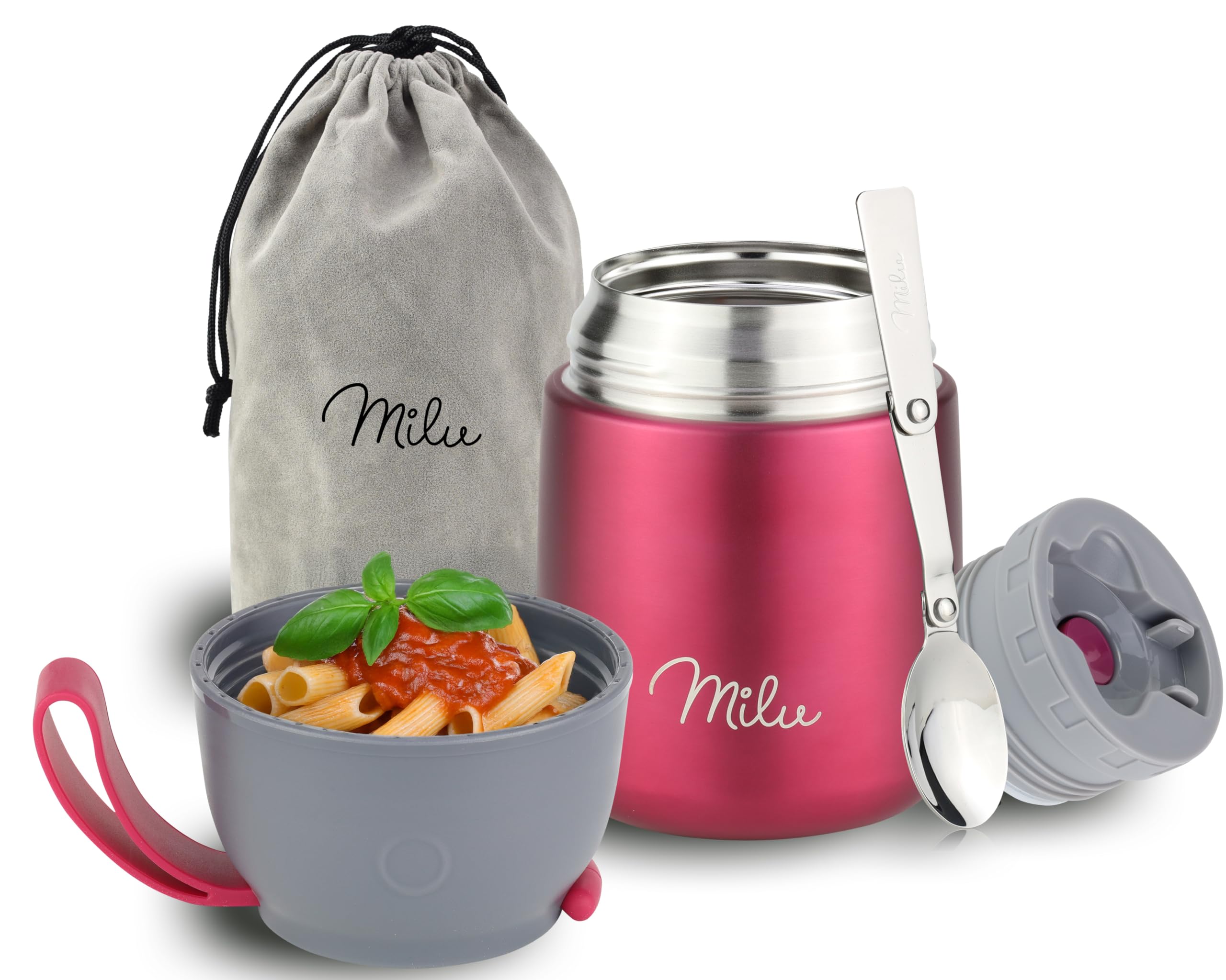 Milu Food Flask for Hot Food - 450ml Leakproof Insulated Stainless Steel Thermal Lunch Box, Soup Container with Spoon, BPA-Free, To go Meal Prep, Porridge (Berry, 450ml)