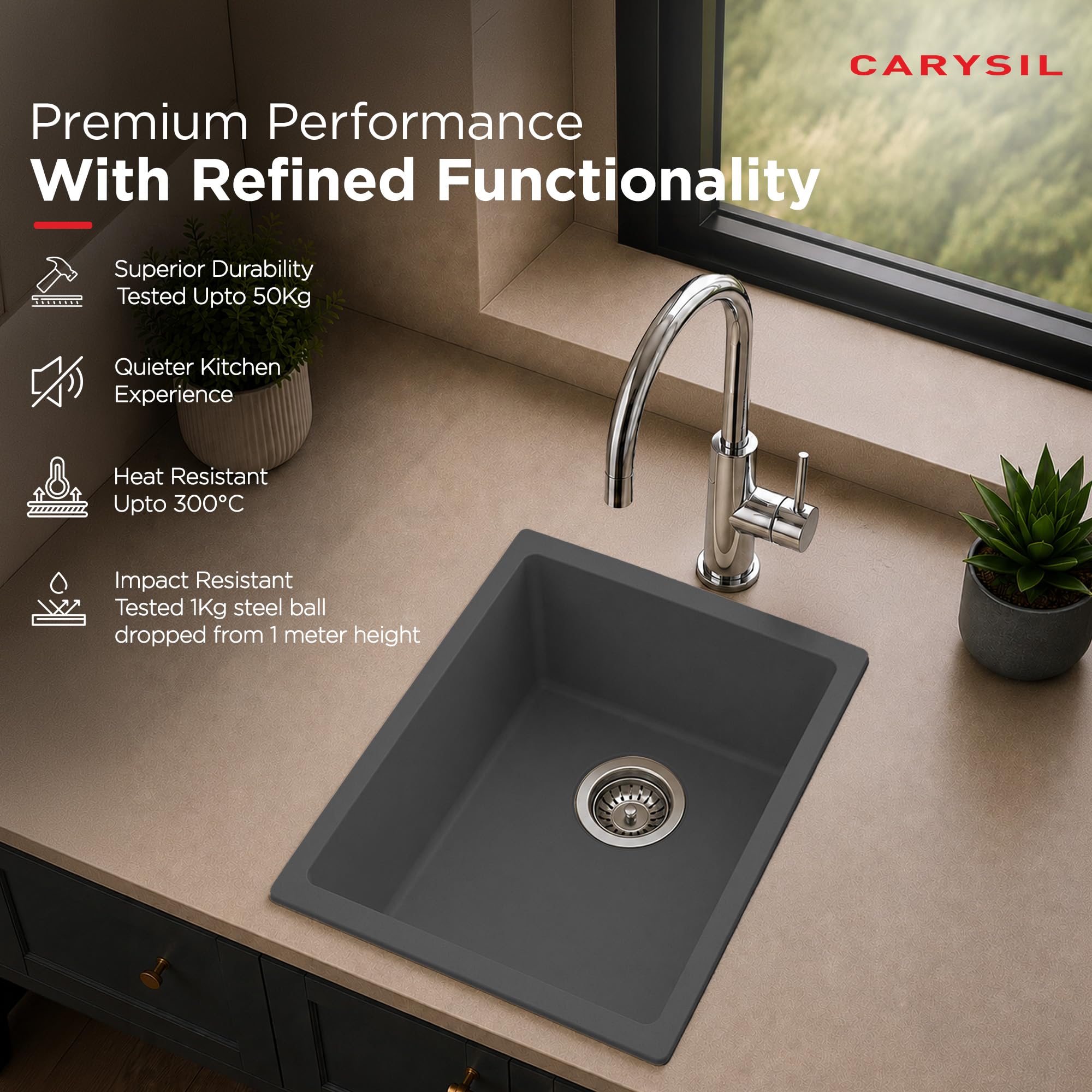 Carysil DOLCE UK Quartz Kitchen Sink 15 x 18 x 8 inches, Single Bowl, 80% Quartz & 20% Resin, Heat Resistant 300°C, 50kg Load, Scratch & Stain Resistant, Granite Sink, 304 SS Coupling - Whisper Grey 2