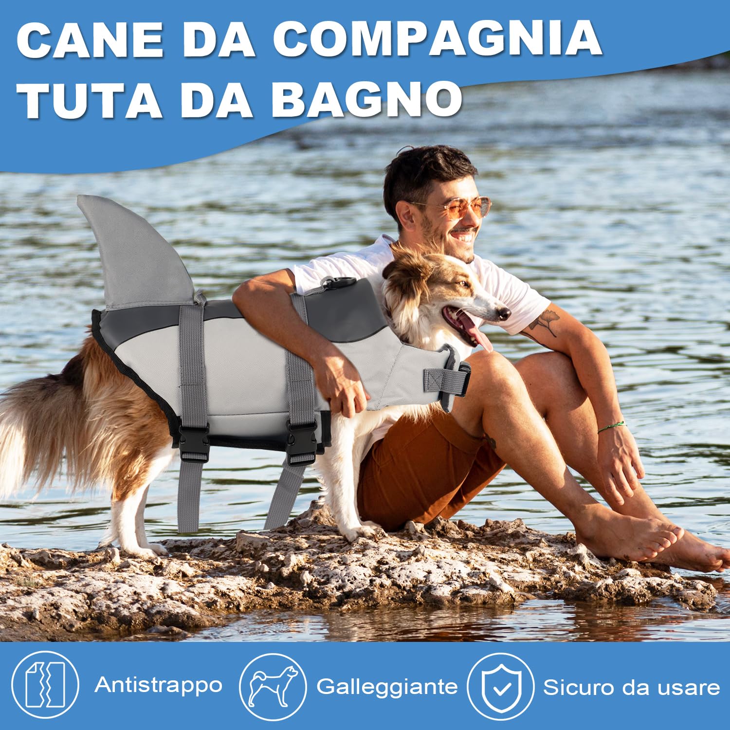 Voarge Giubbotti di salvataggio per cani squalo, Salvagente Cane Squalo con Manico e Catarifrangente, Pet Gilet di sicurezza Costumi da bagno Dog Life VestGrigio, S M (Grau, XS)