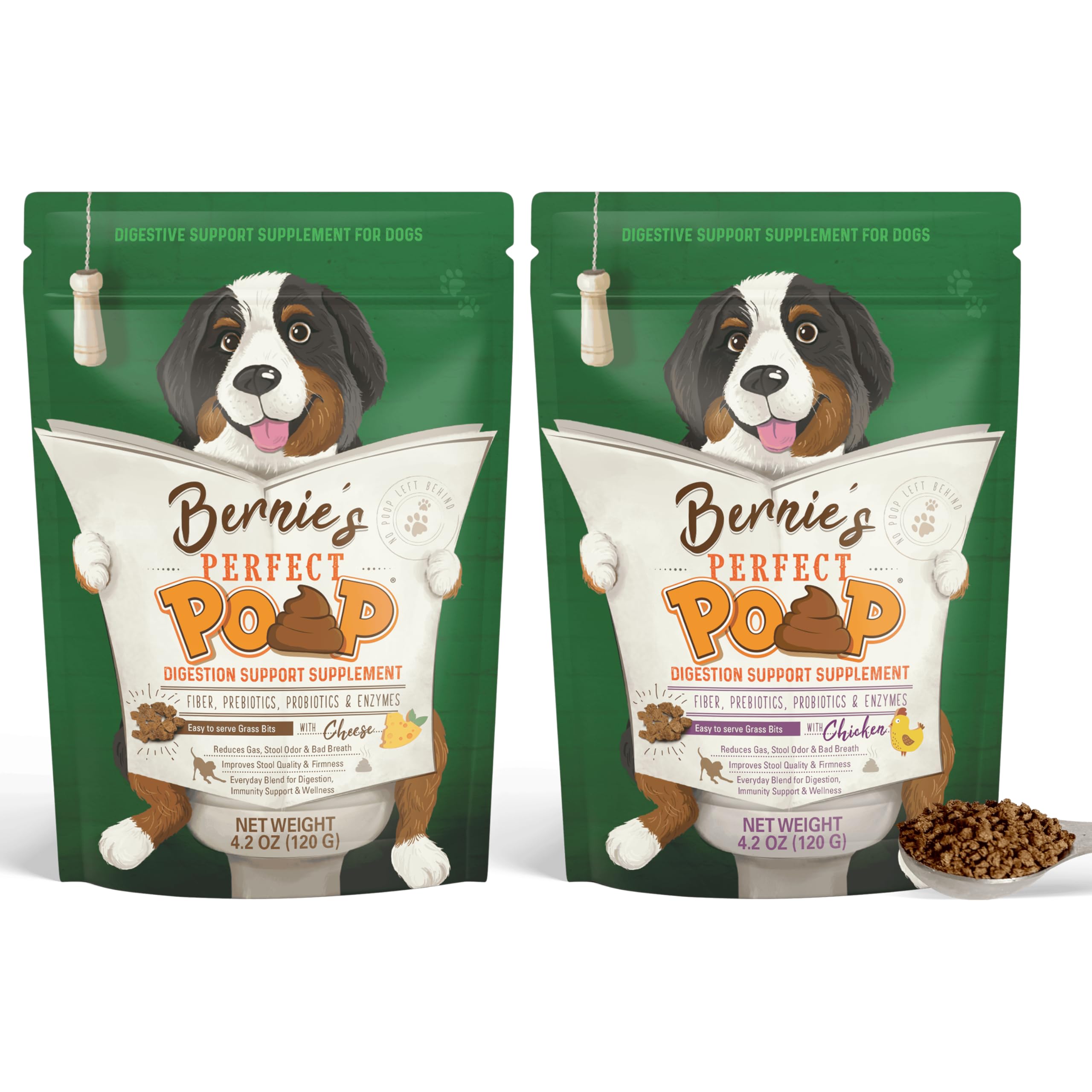 Perfect Poop Digestion & Health Supplement for Dogs: Fiber, Prebiotics, Probiotics, Enzymes Digestive, Hard & Soft Stool, Improved Health (4.2oz Cheddar Bag + 4.2 oz Chicken Bag, 4.2 oz Bundle)