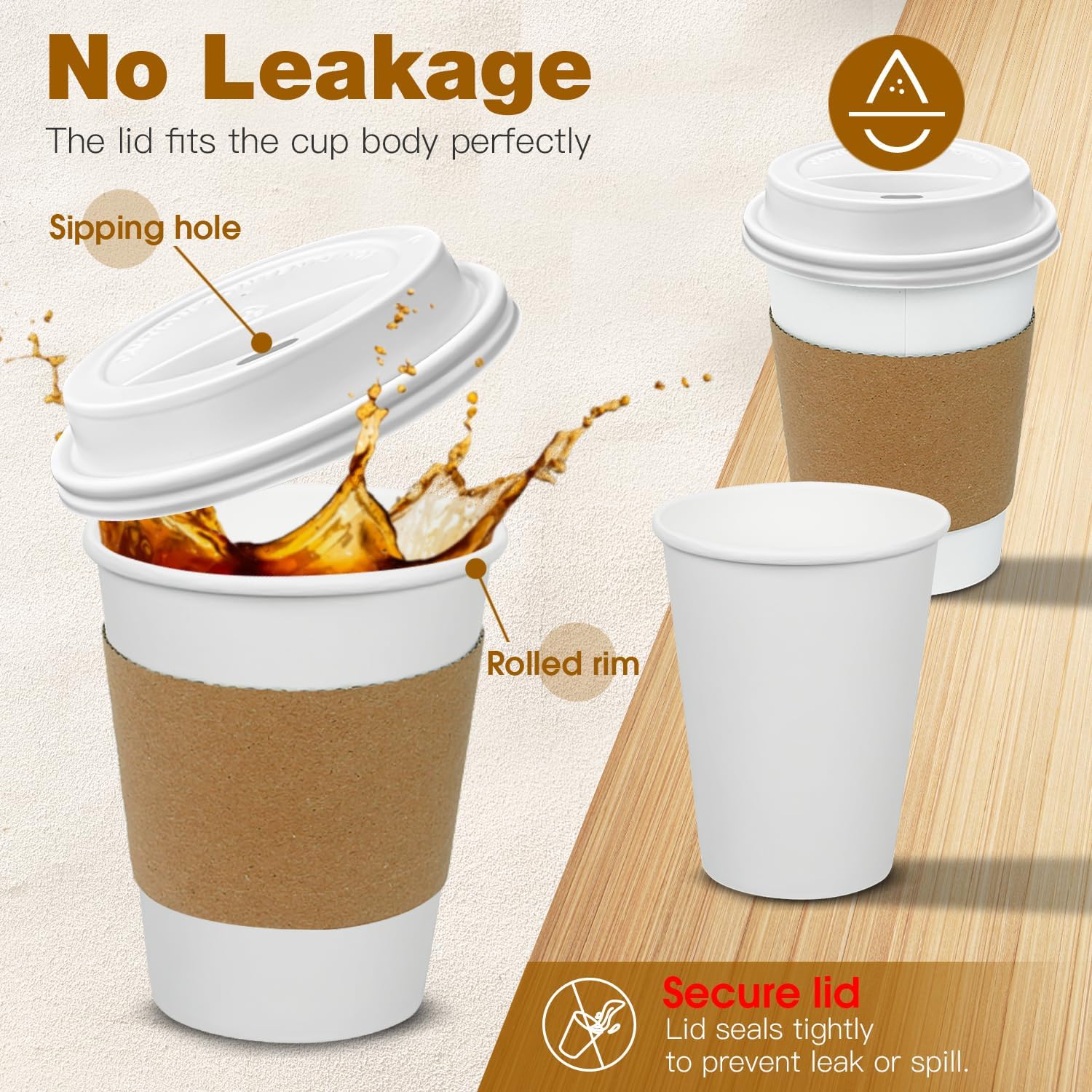 Ginkgo 100 Pack 8 oz Thickened Paper Coffee Cups with White Lids and Sleeves, Disposable To Go Coffee Cups for Espresso Coffee, Hot Chocolate and Cocoa - Image 3