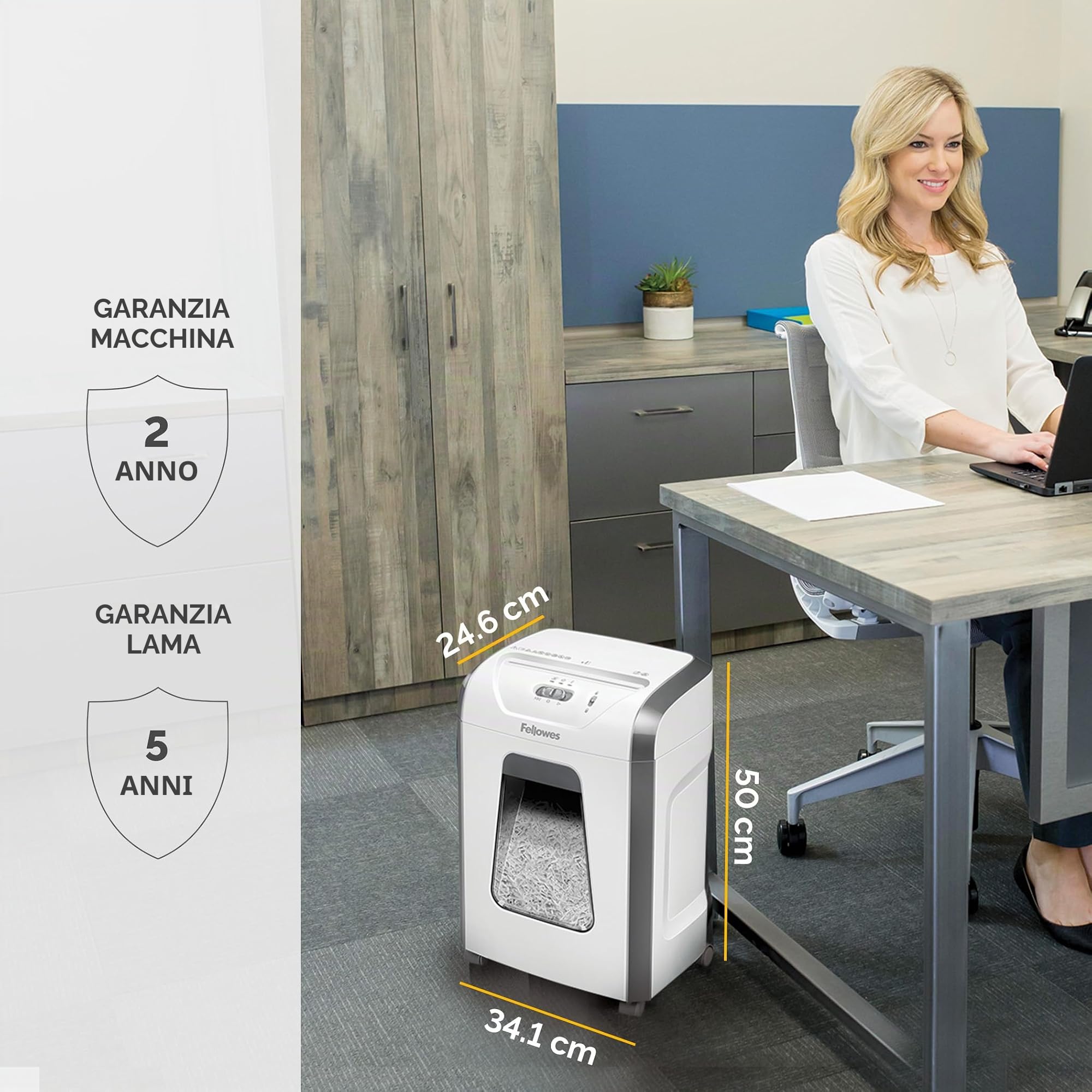 Fellowes Distruggidocumenti per uso domestico e ufficio, 12 fogli a taglio trasversale per uso deskside, FS-12C distruggi documenti da casa con cestino estraibile da 19 l, durata 20 minuti, alta
