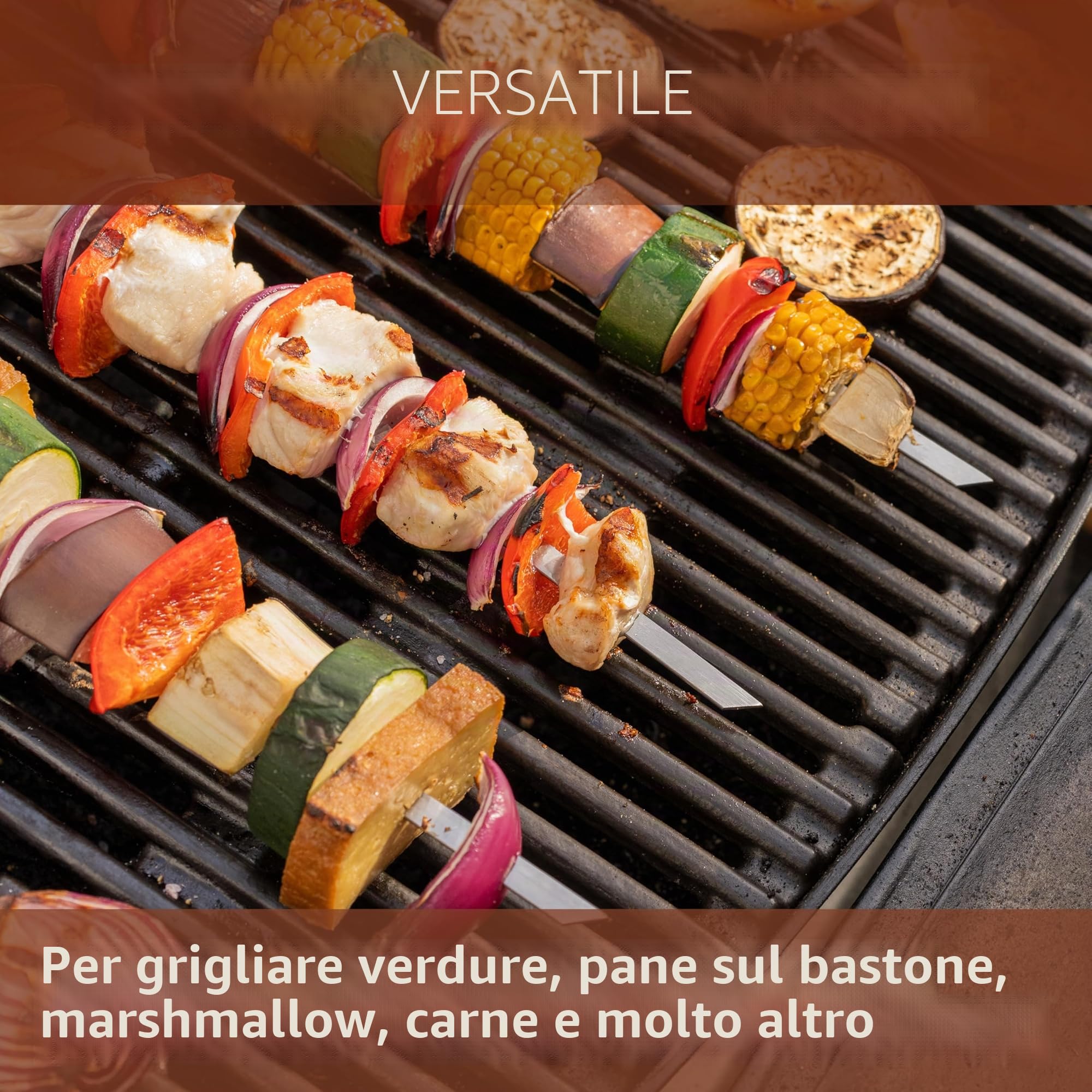 AVANA Spiedini per barbecue in acciaio inox, 10 pezzi, riutilizzabili, 43 cm, spiedini lunghi per carne e verdure