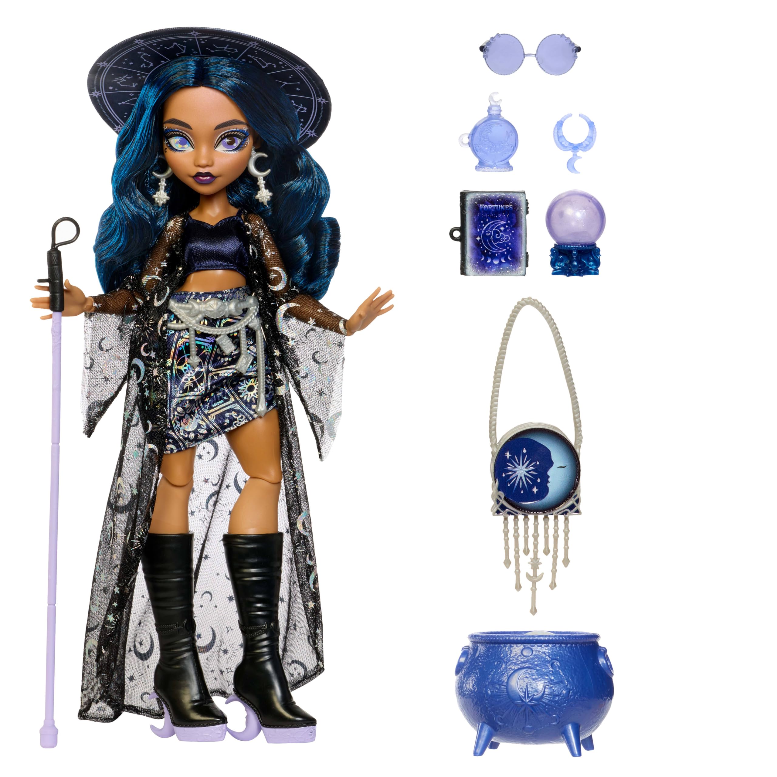 Monster High Puppe, Moonspell Magic by Wahrsager-Hexe Claire De Luna mit Überraschung im Kessel und Zubehörteilen wie eine Kristallkugel, JMB89