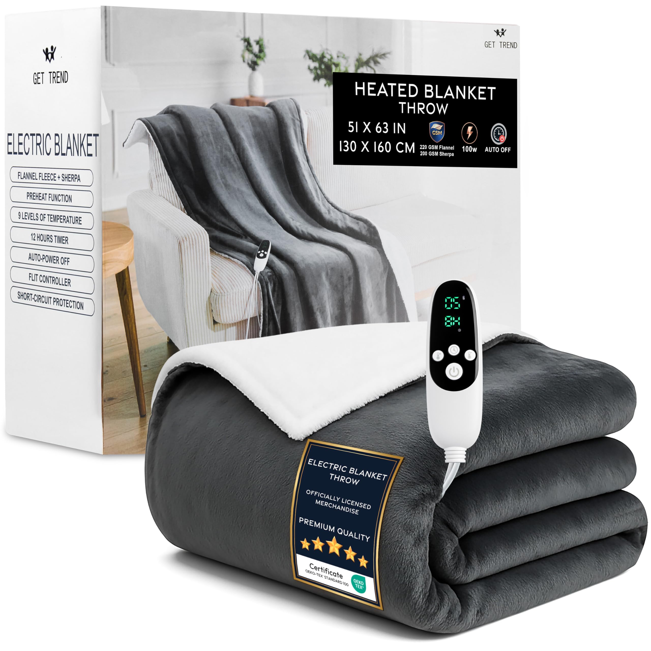 Get Trend Electric Blanket 130x160 cm, Single Size Soft Sherpa Fleece Heated Throw Blanket, 9 Heat Settings 12H Auto-Off Timer & Overheat Protection (Dark Grey, Throw UK)