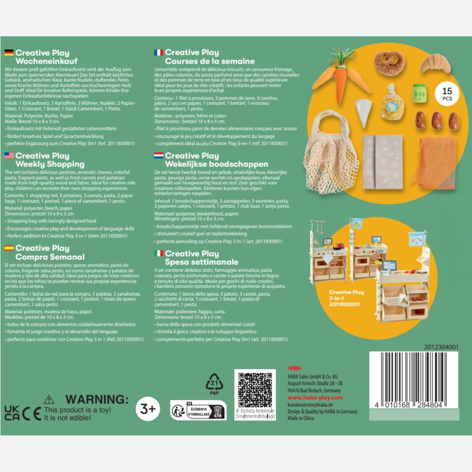 HABA Creative Play 2012304001 Toy Shopping Basket with Wooden Food and Fabric Accessories for Shop and Kitchen Play for Children from 3 Years